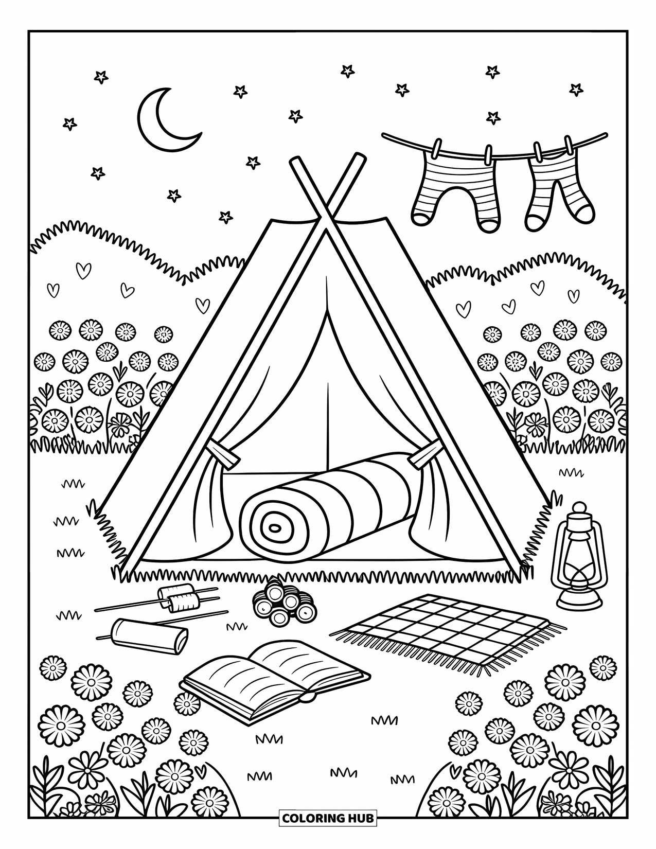 Spring Break Coloring Page for Adults: A cute garden campsite under the moon with flowers and pajamas