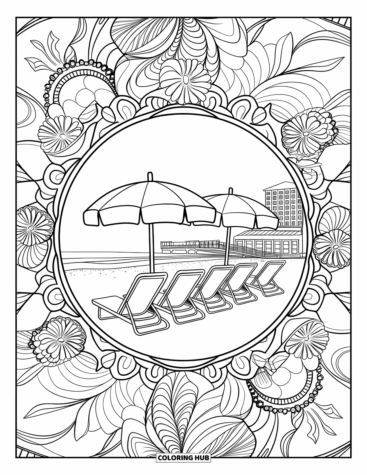 Spring Break Coloring Page for Adults: A floral mandala framing a sunny beach chair and umbrella