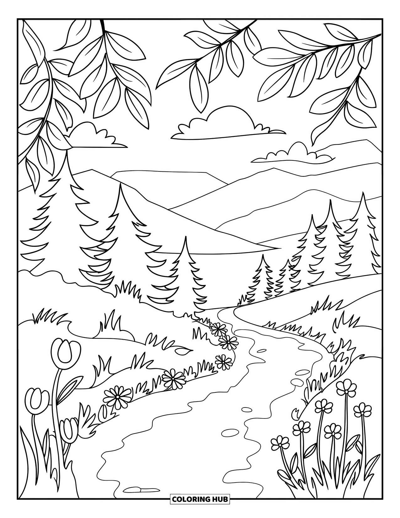 Spring Break Coloring Page for Adults: A forest trail lined with flowers, trees, and mountain views