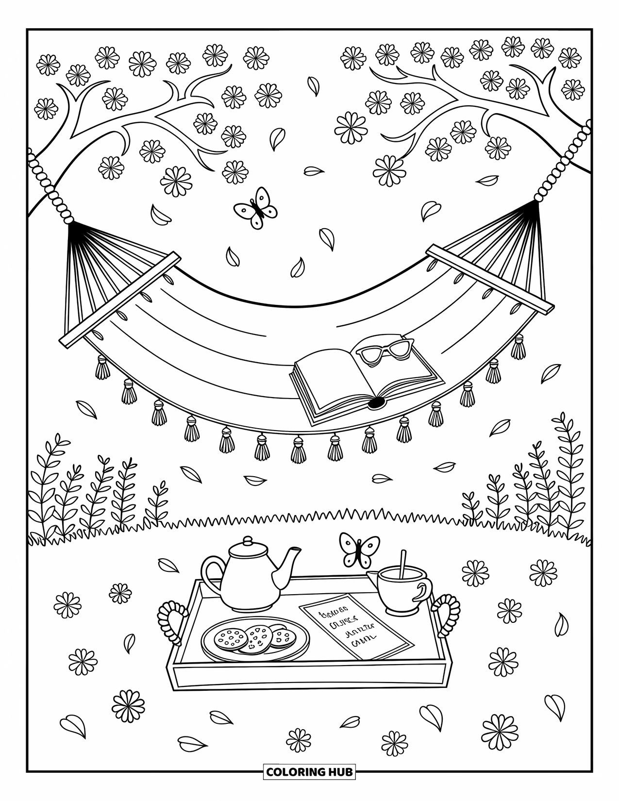 Spring Break Coloring Page for Adults: A hammock between trees with tea, fruit, and butterflies nearby