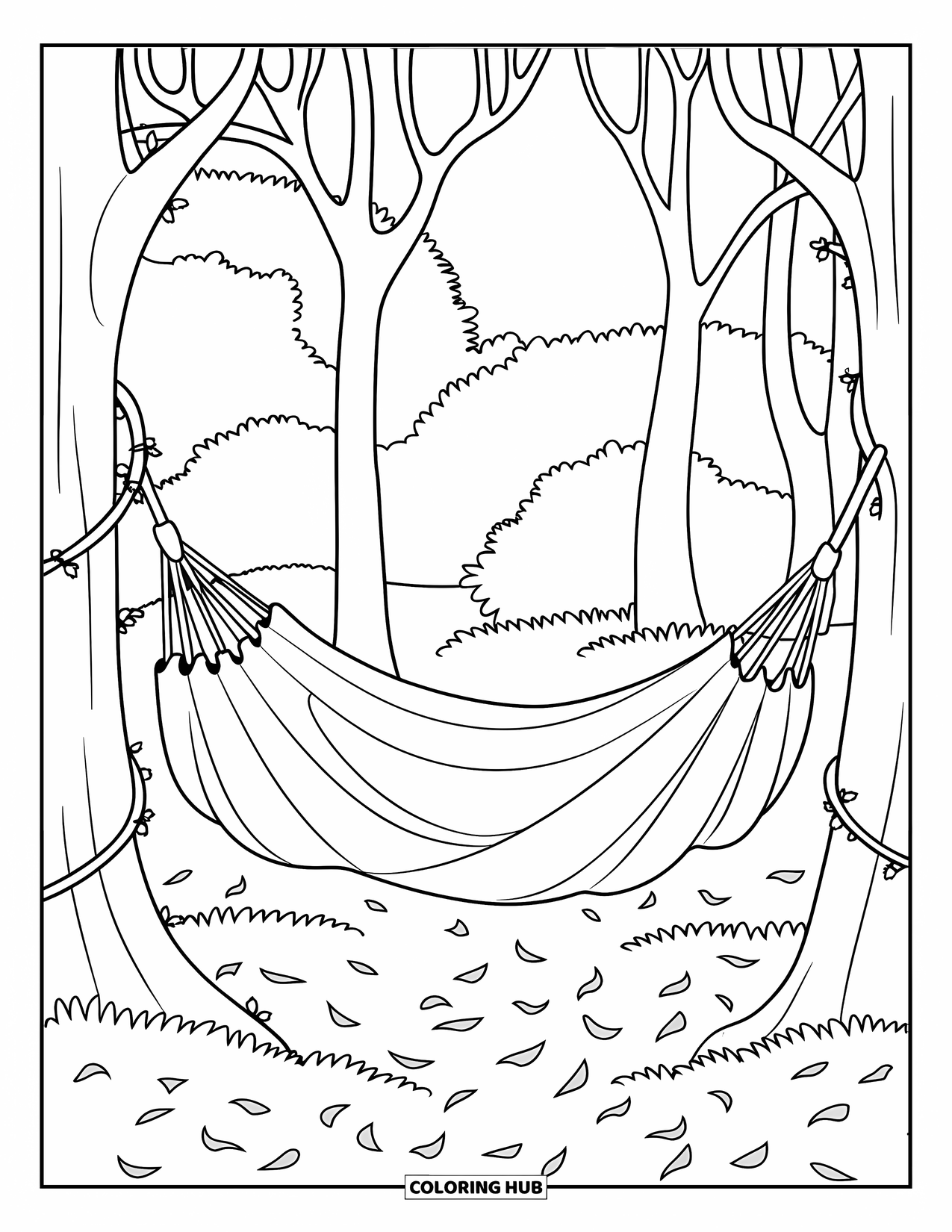 Spring Break Coloring Page for Adults: A hammock under blooming trees surrounded by petals