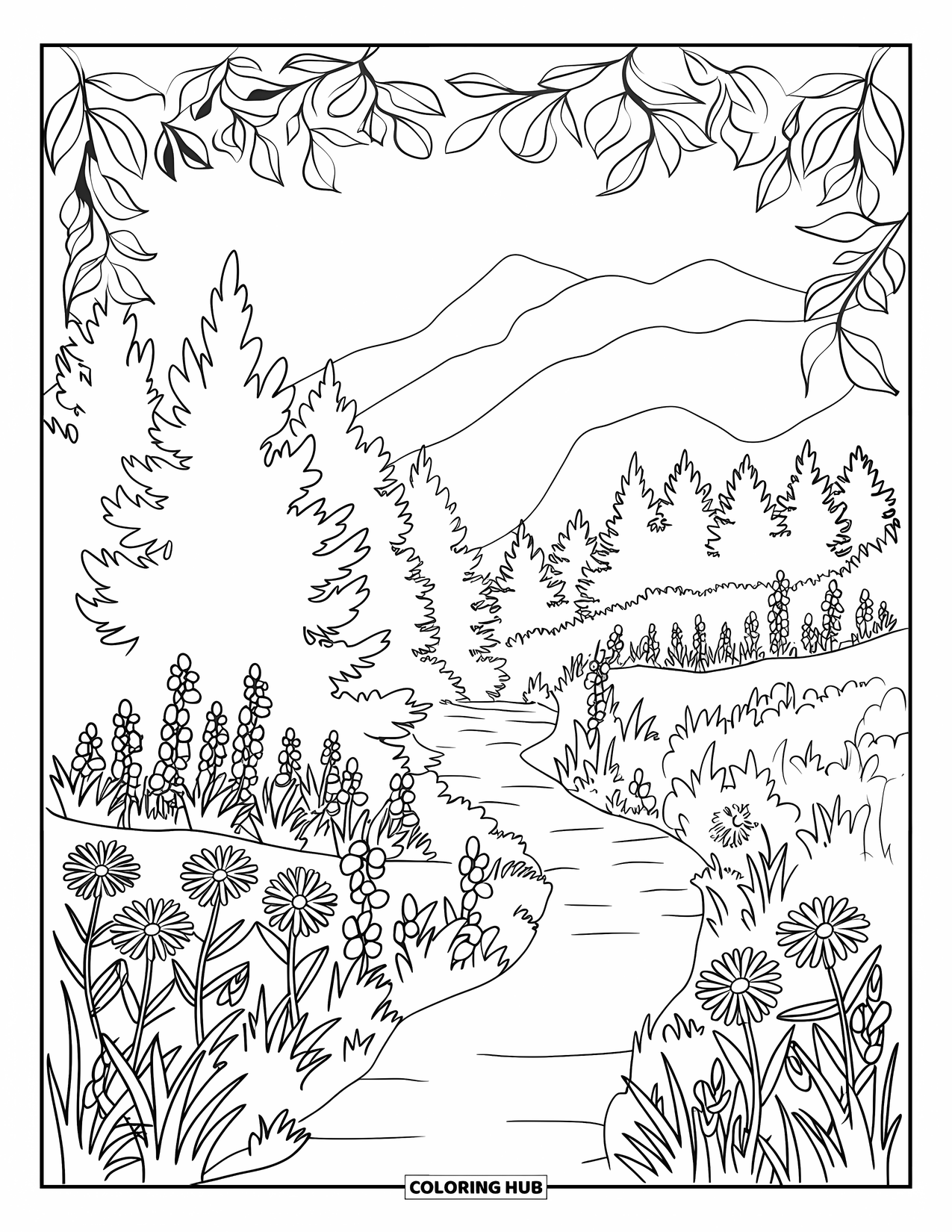 Spring Break Coloring Page for Adults: A peaceful forest trail surrounded by wildflowers and pines