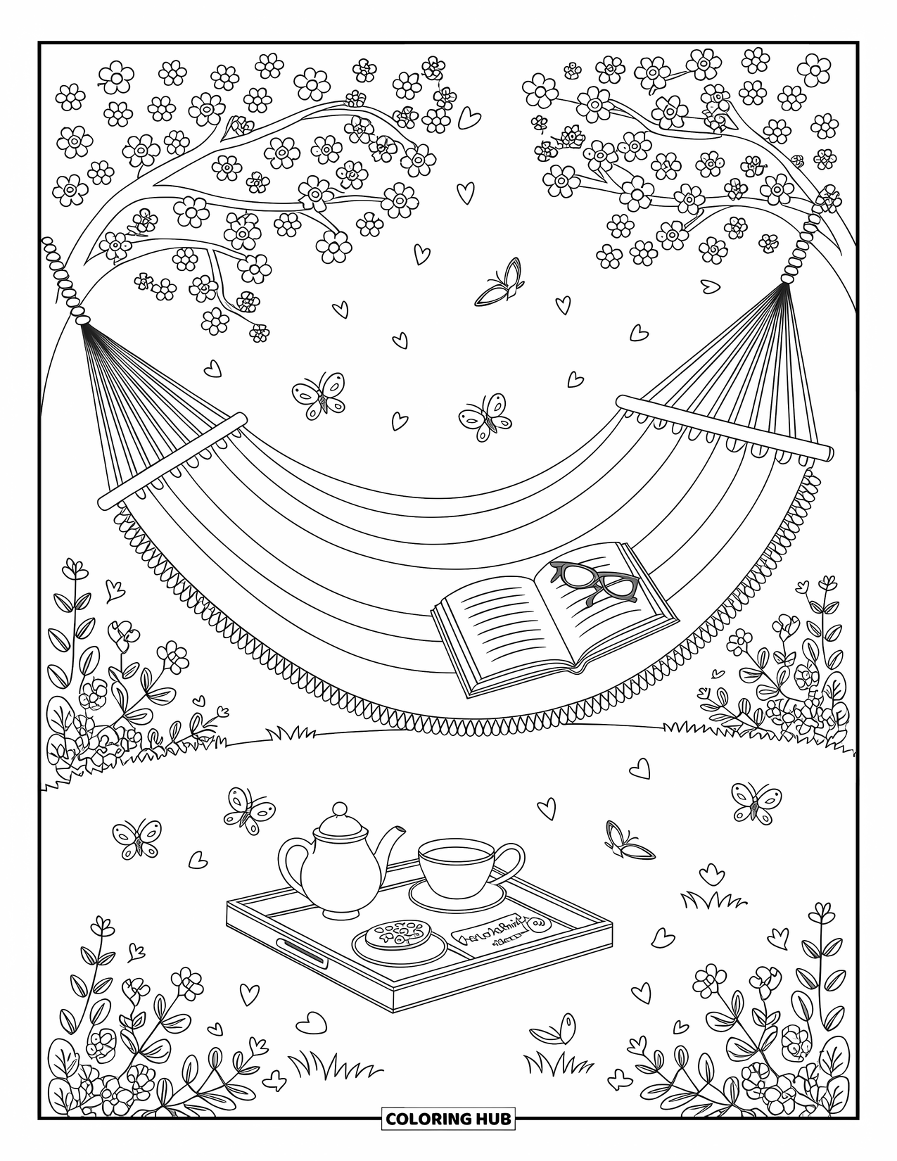 Spring Break Coloring Page for Adults: A peaceful garden scene with a hammock, blossoms, and gentle sunlight
