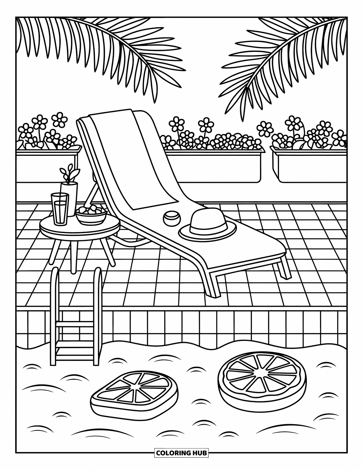 Spring Break Coloring Page for Adults: A poolside chair with fruit, lemonade, and floating pool rings