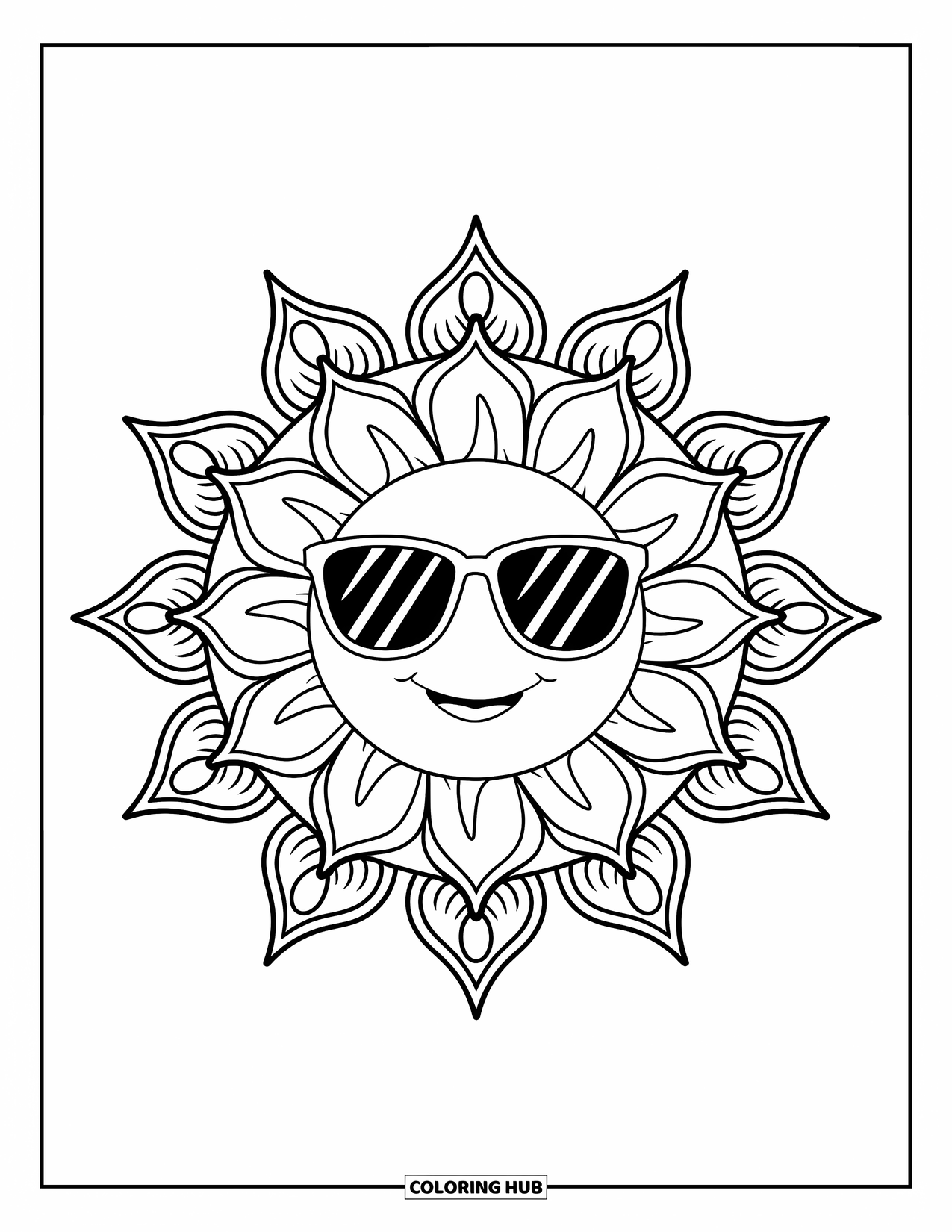 Spring Break Coloring Page for Adults: A radiant sun with sunglasses framed by floral designs