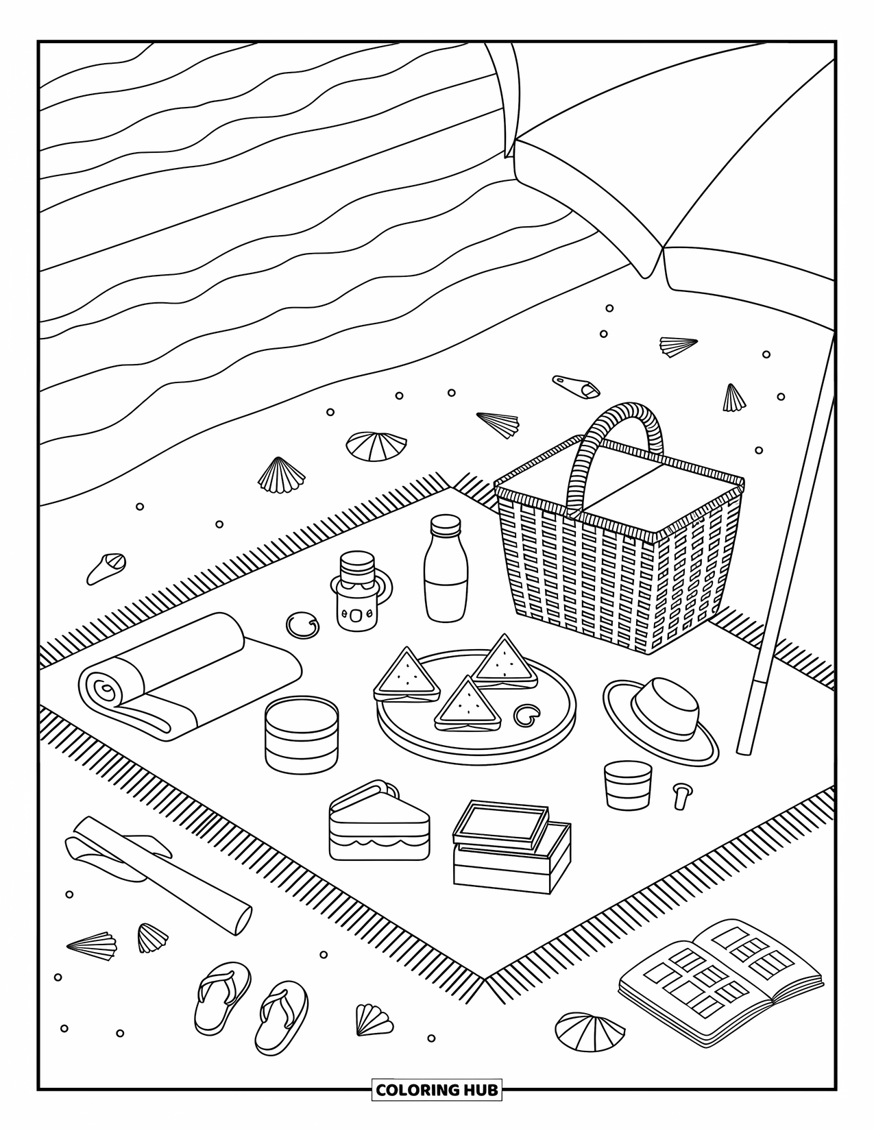 Spring Break Coloring Page for Adults: A relaxing picnic scene with a basket, bento boxes, and ocean breeze