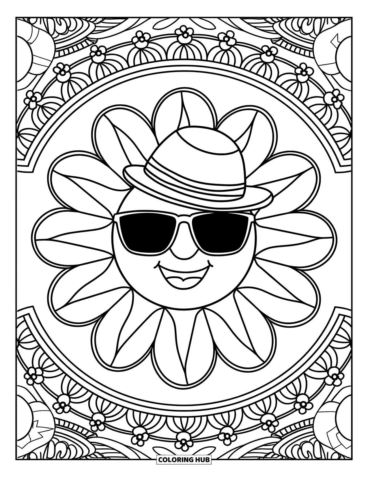 Spring Break Coloring Page for Adults: A smiling sun with sunglasses shines inside a floral mandala