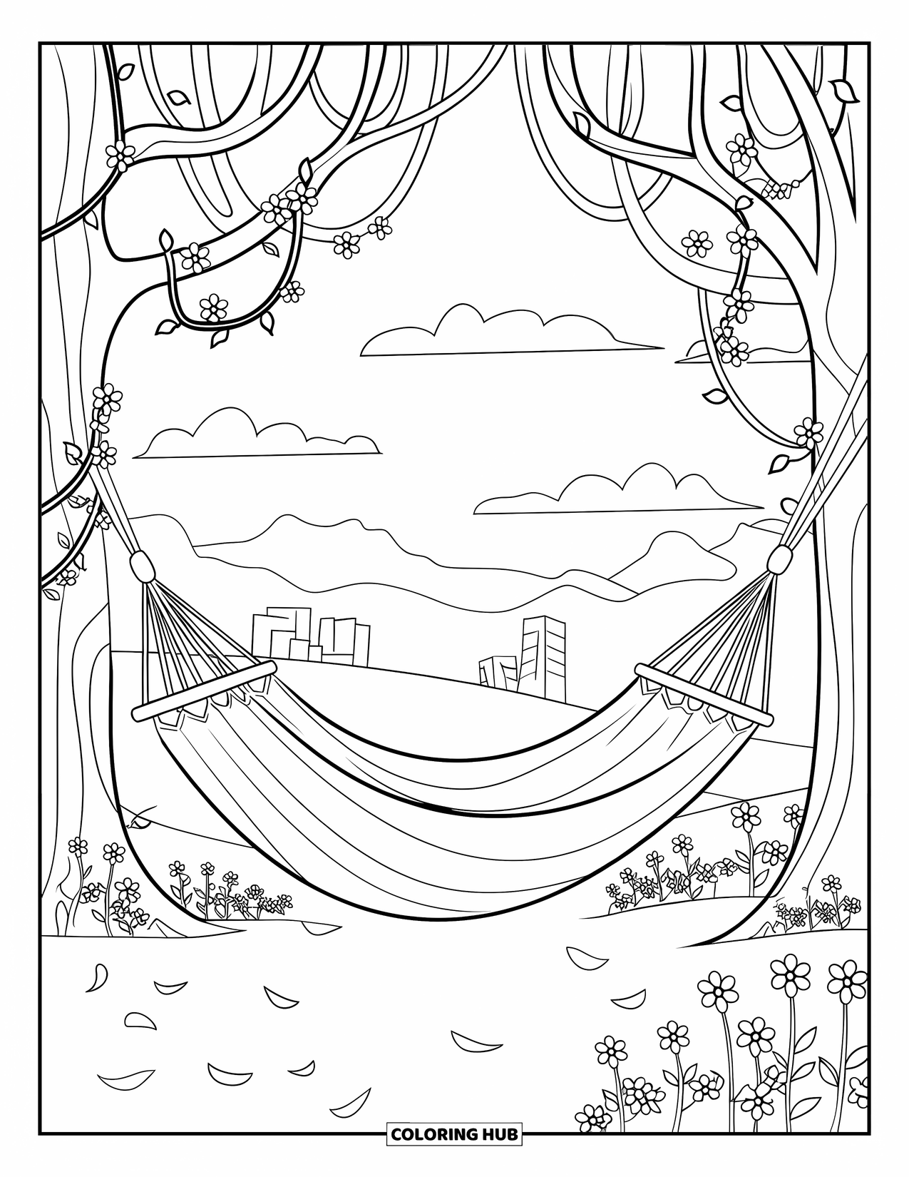 Spring Break Coloring Page for Adults: A spring hammock hanging between two flowering trees