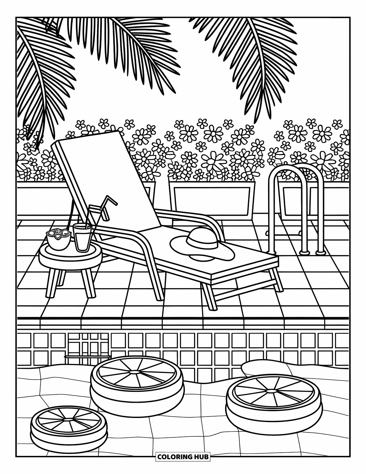 Spring Break Coloring Page for Adults: A sunny poolside lounge with palm leaves and fruit floats