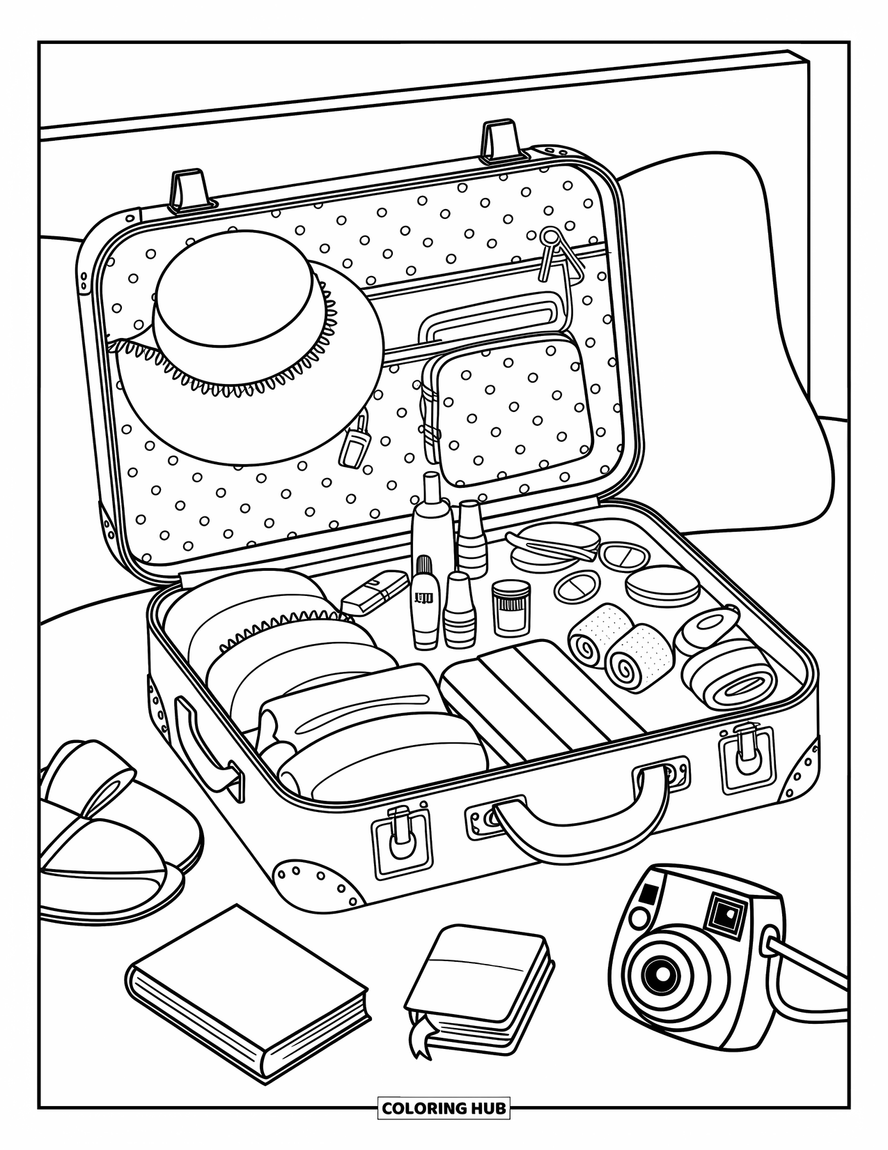 Spring Break Coloring Page for Adults: A sweet travel prep scene with a suitcase, camera, and sunlit bed