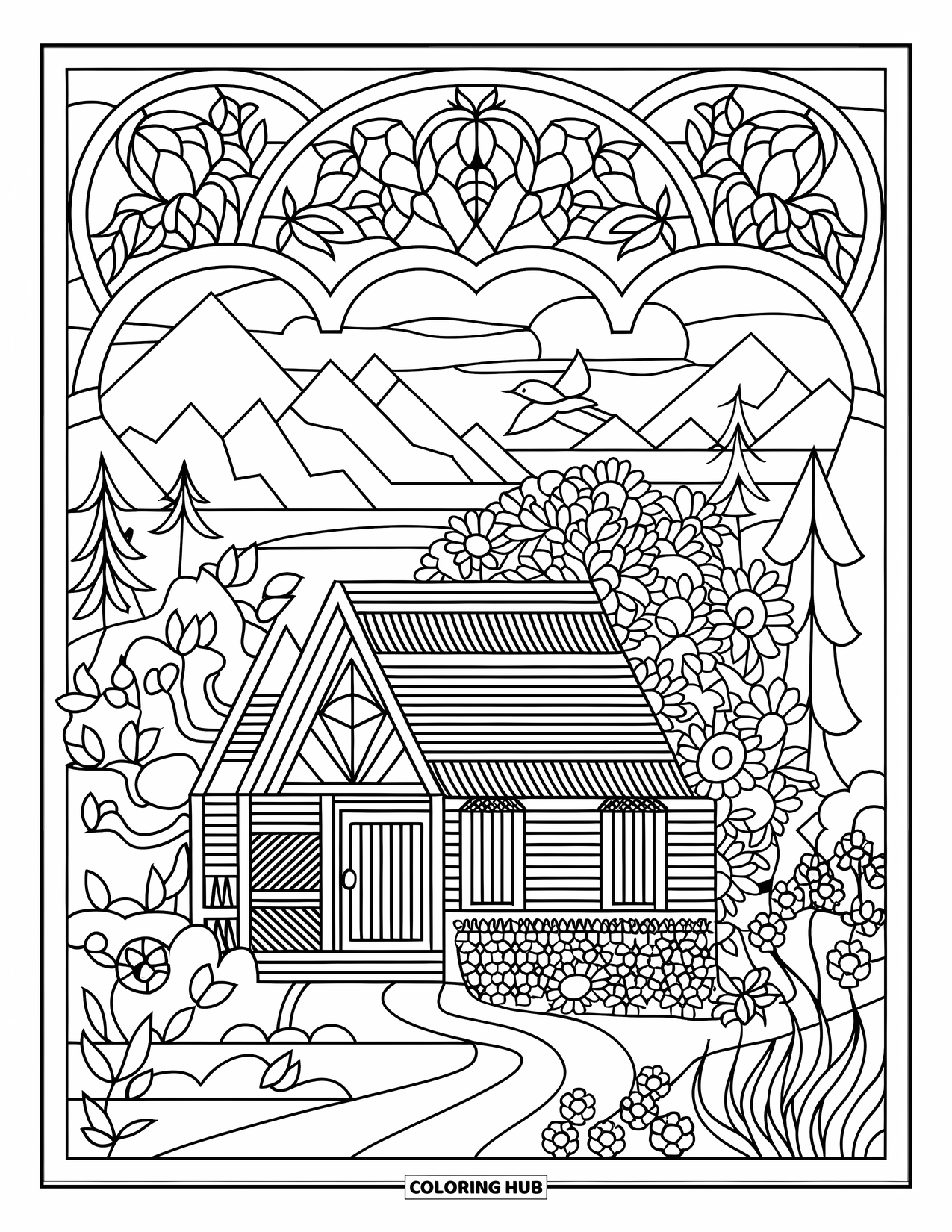 Spring Break Coloring Page for Adults: A woodland cabin framed by stained glass flowers and birds
