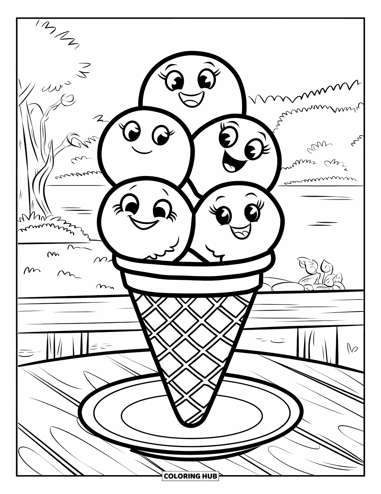 Spring Break Coloring Page for Kids: A big ice cream cone smiles on a sunny spring table