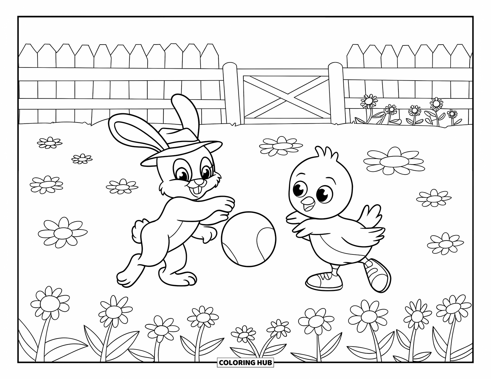 Spring Break Coloring Page for Kids: A cheerful bunny and chick enjoy a spring day playing catch