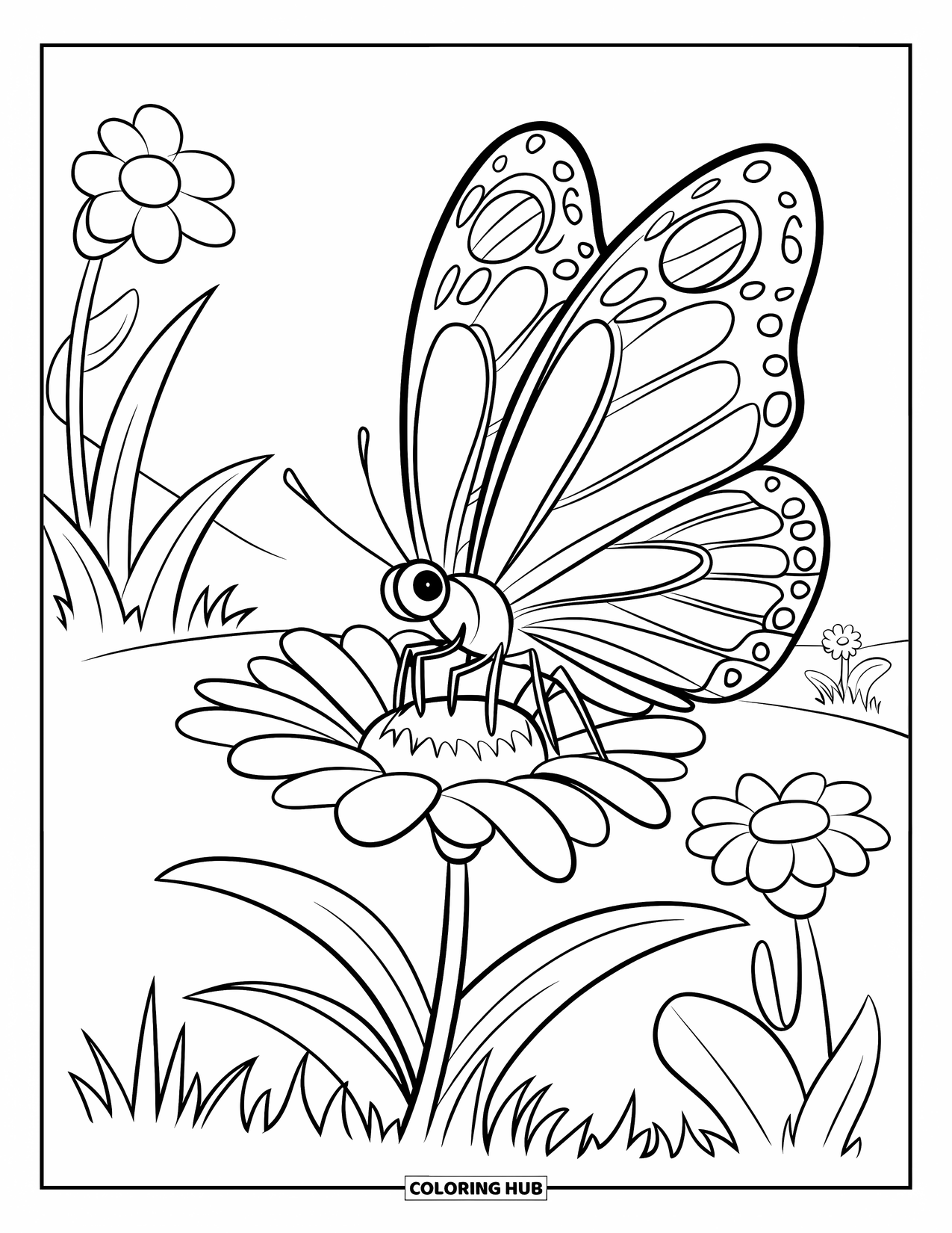 Spring Break Coloring Page for Kids: A cheerful butterfly lands on a spring bloom