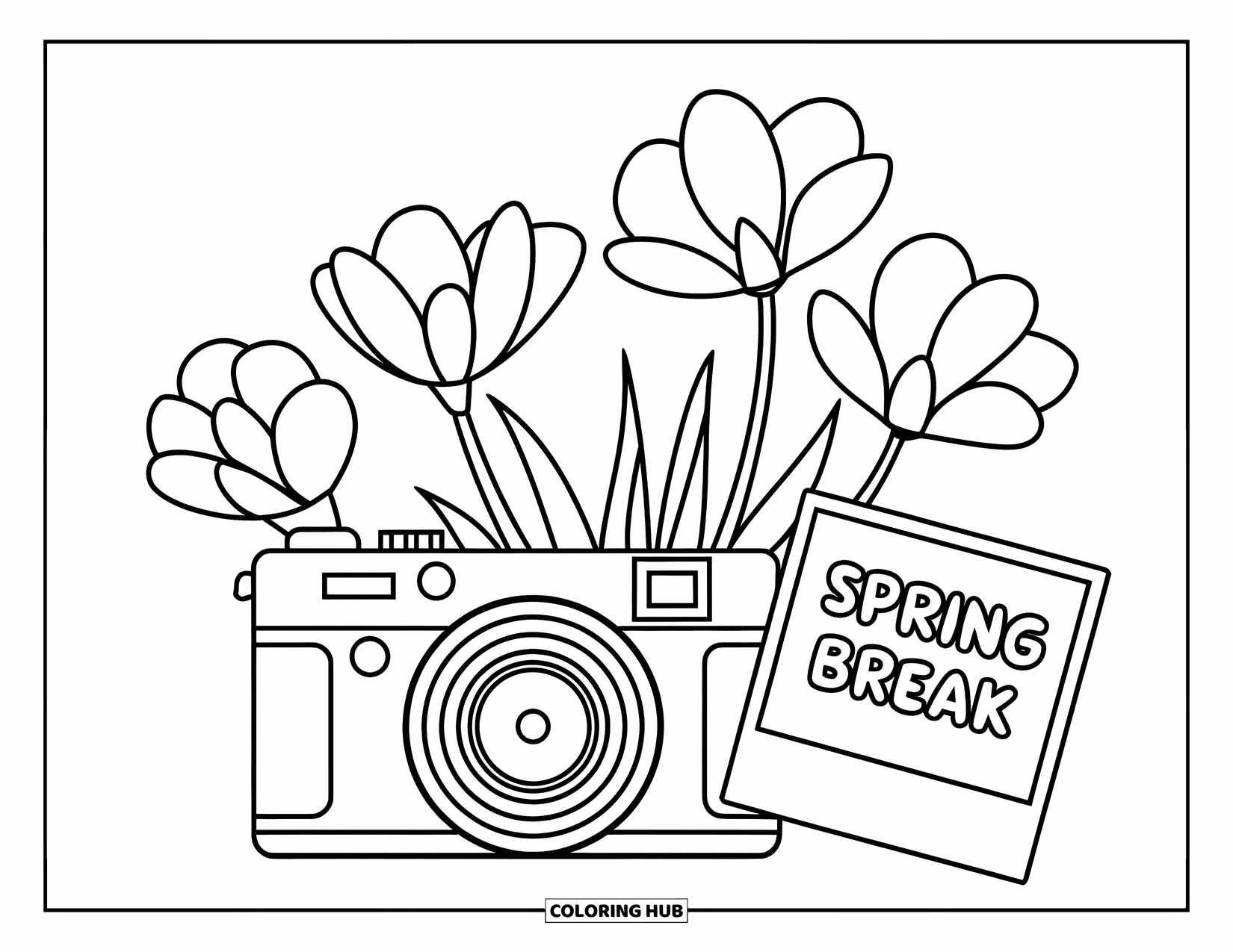 Spring Break Coloring Page for Kids: A cheerful camera rests near blossoms and a "Spring Break 2025" keepsake