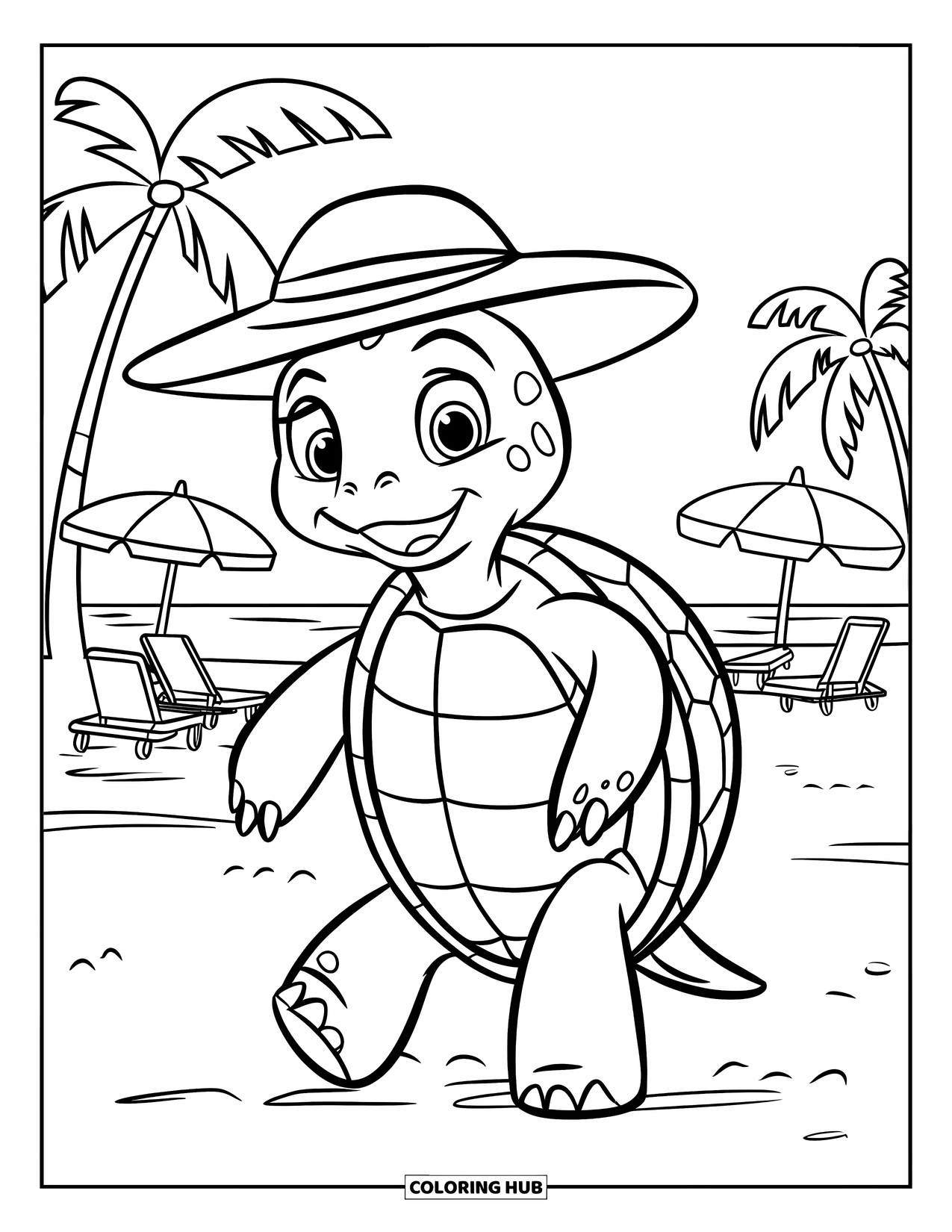 Spring Break Coloring Page for Kids: A cheerful turtle wearing a hat walks happily by the shore
