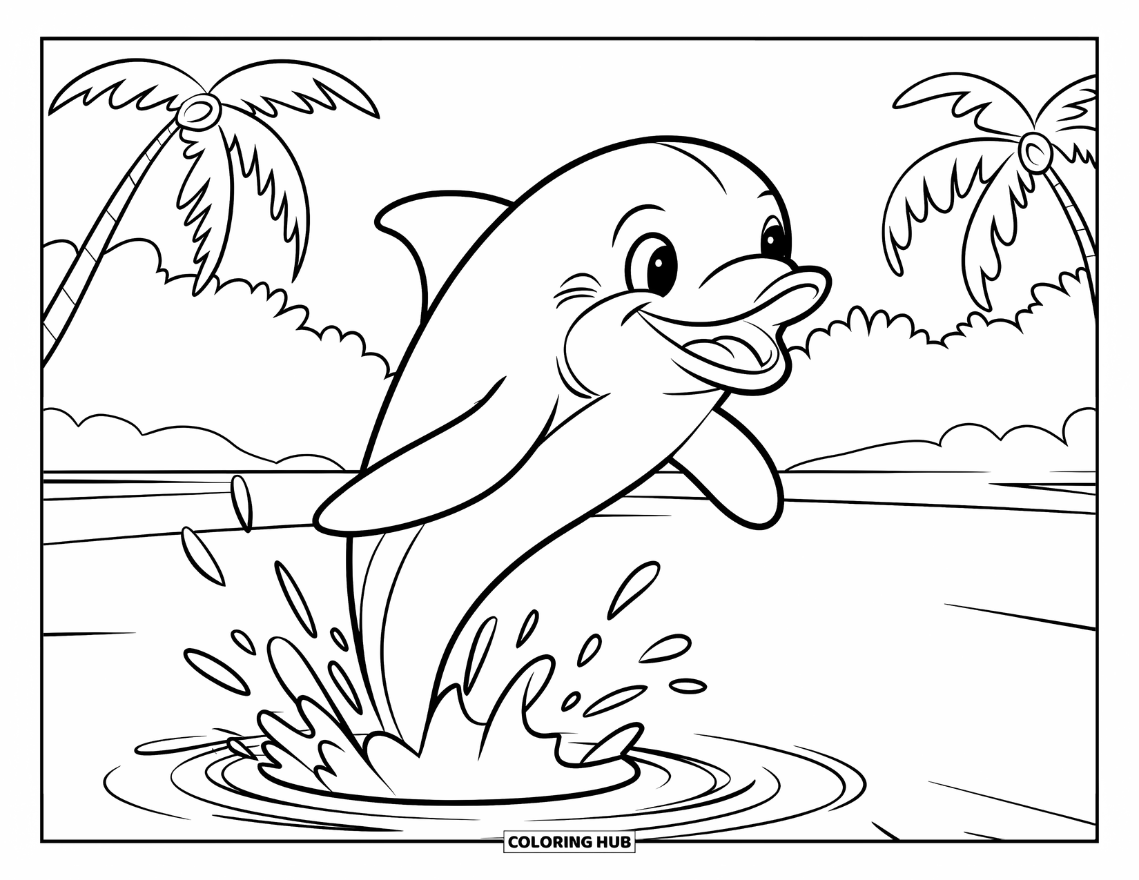 Spring Break Coloring Page for Kids: A dolphin jumps with joy in a spring break splash