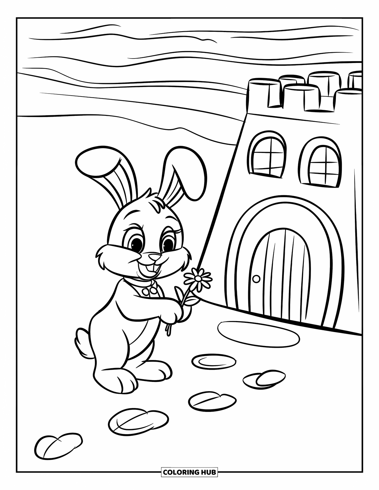 Spring Break Coloring Page for Kids: A happy bunny with a flower sits near a spring sandcastle