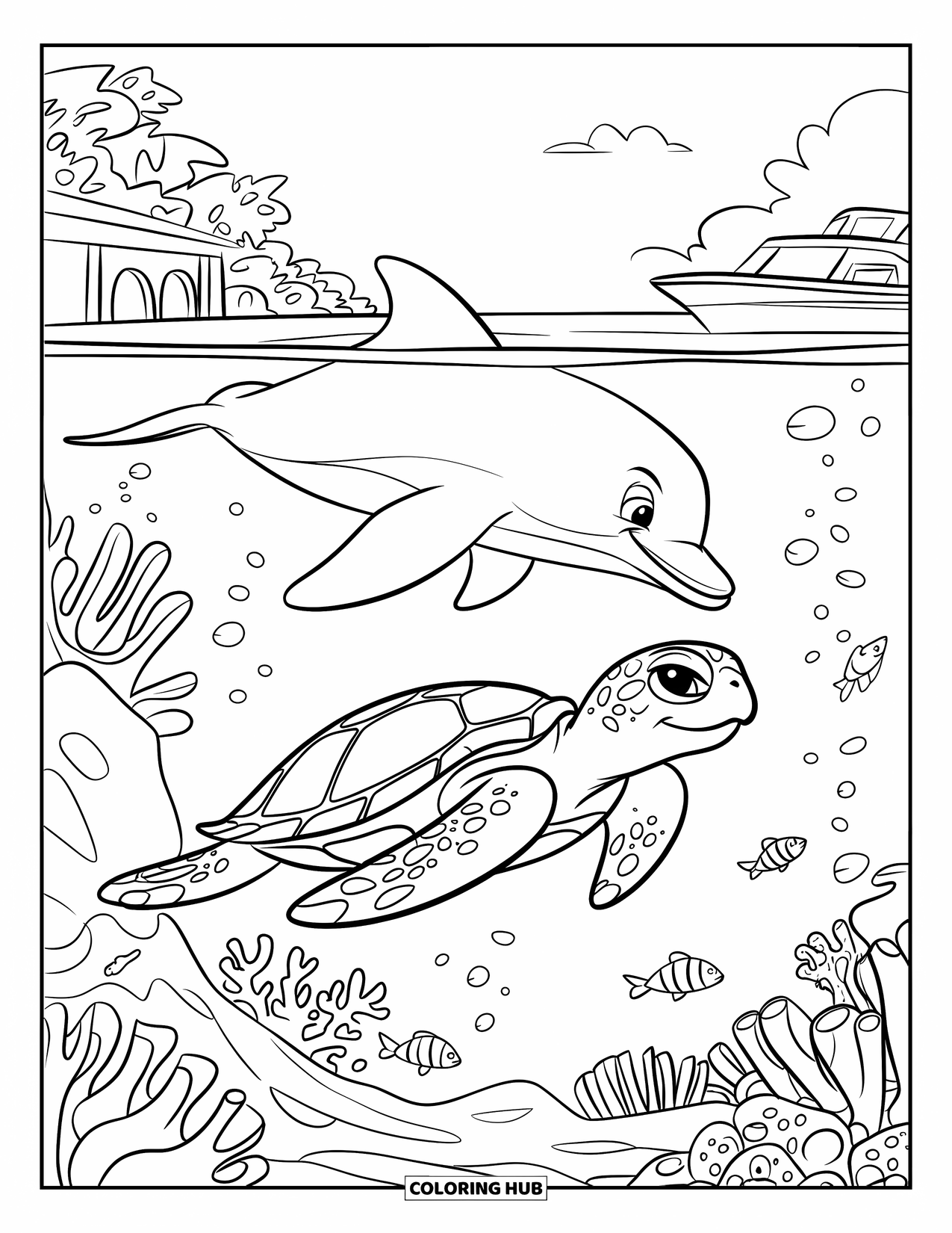 Spring Break Coloring Page for Kids: A joyful turtle and dolphin swim together near coral and fish