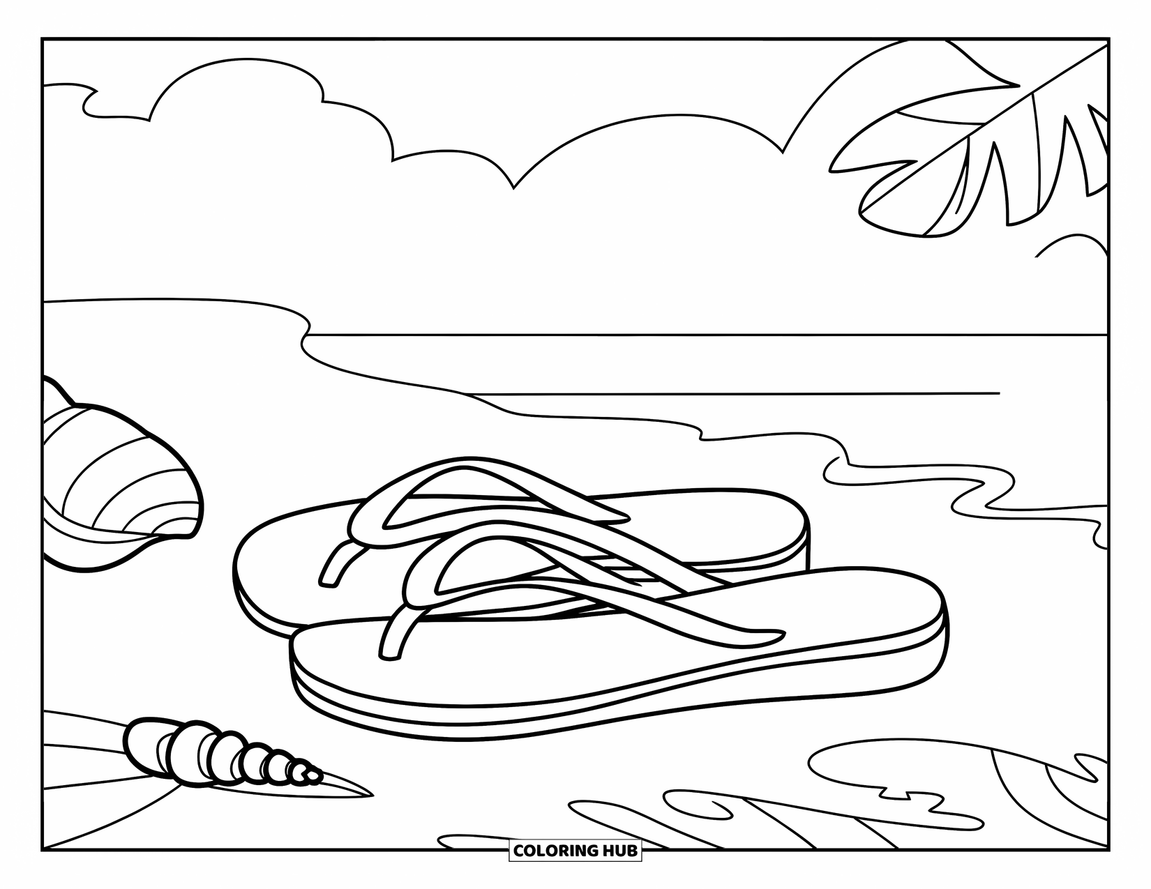 Spring Break Coloring Page for Kids: A pair of flip-flops rest in the sand near seashells