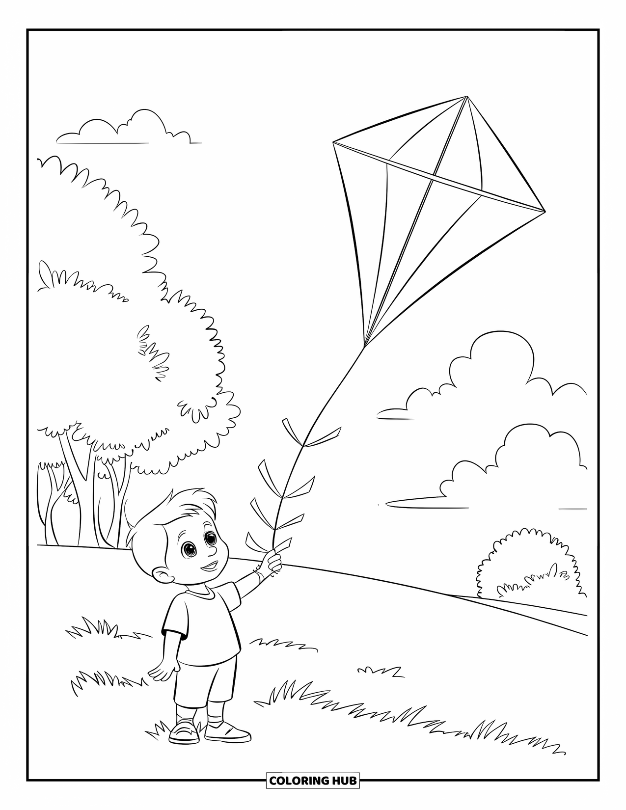 Spring Break Coloring Page for Kids: A smiling boy holds his kite on a sunny, grassy hill