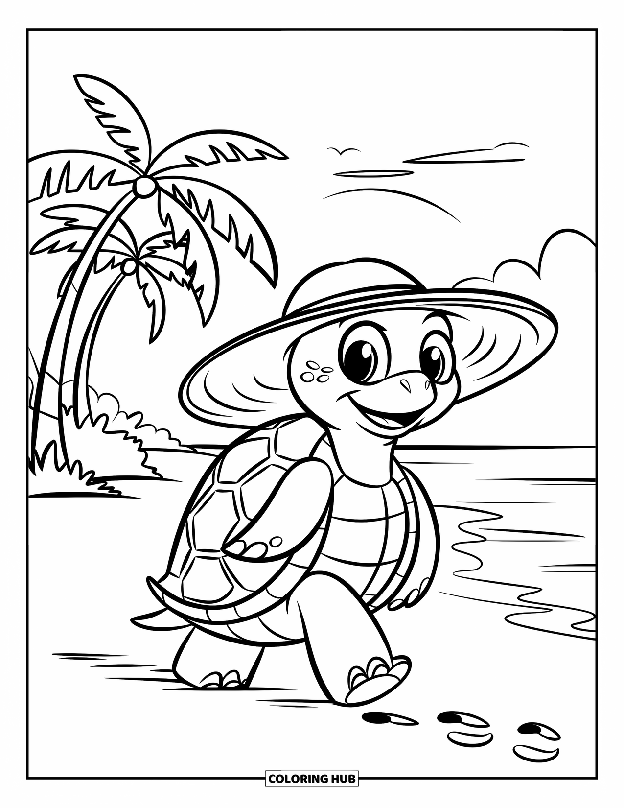 Spring Break Coloring Page for Kids: A smiling turtle in a hat explores the spring break beach