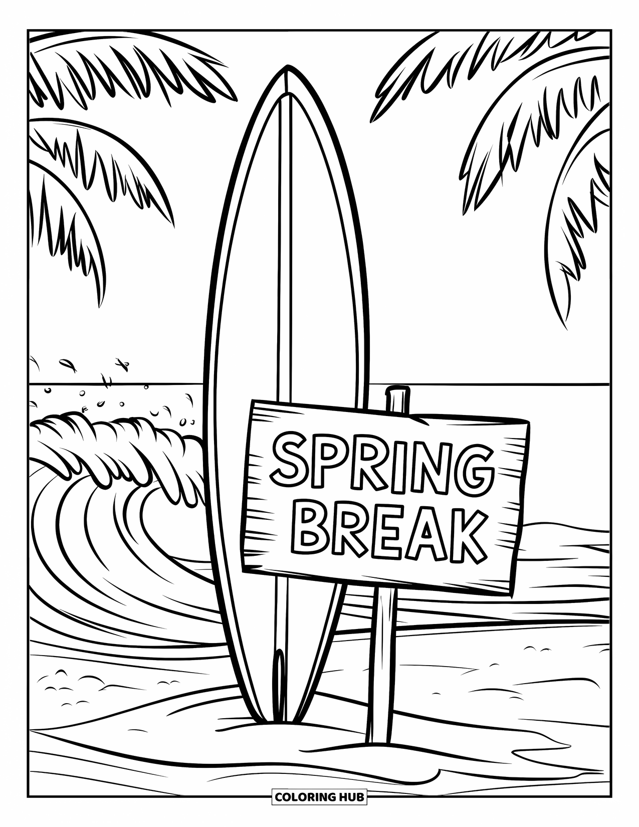 Spring Break Coloring Page for Kids: A surfboard by crashing waves marks the start of spring break fun