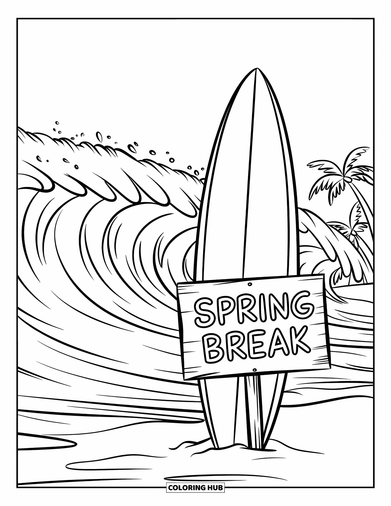 Spring Break Coloring Page for Kids: A surfboard stands in the sand beside waves and a "Spring Break" sign