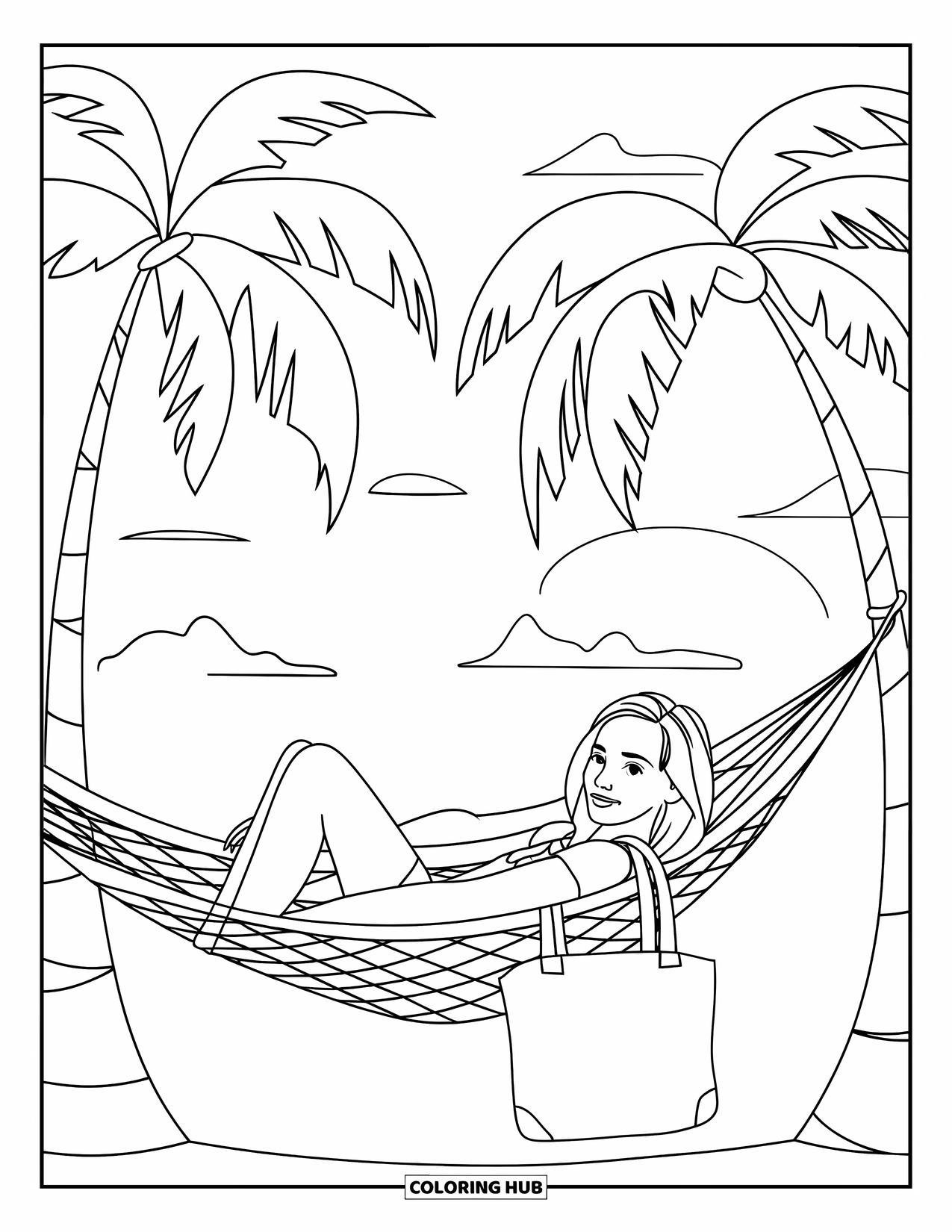 Spring Break Coloring Page for Kids: A teen relaxes in a hammock under the palm trees