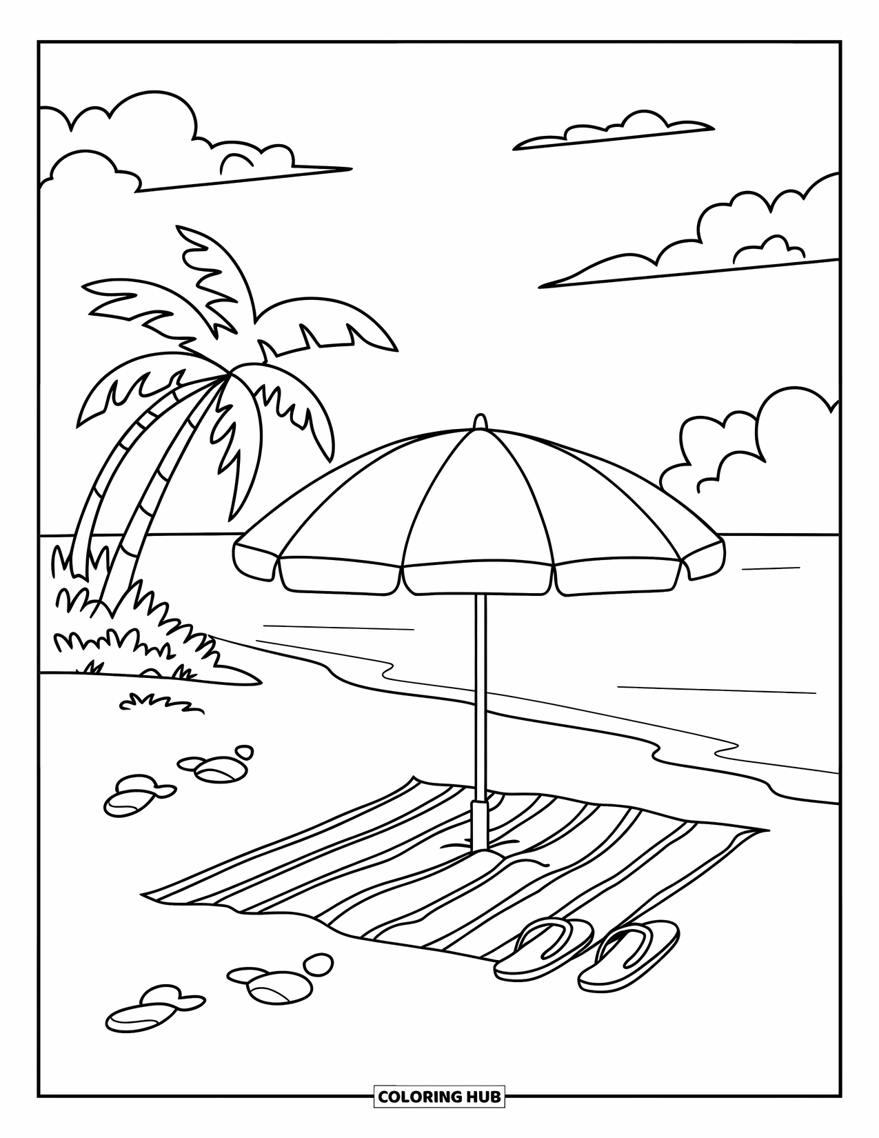 Spring Break Coloring Page for Kids: A tropical beach setup with a chair, umbrella, and clear skies