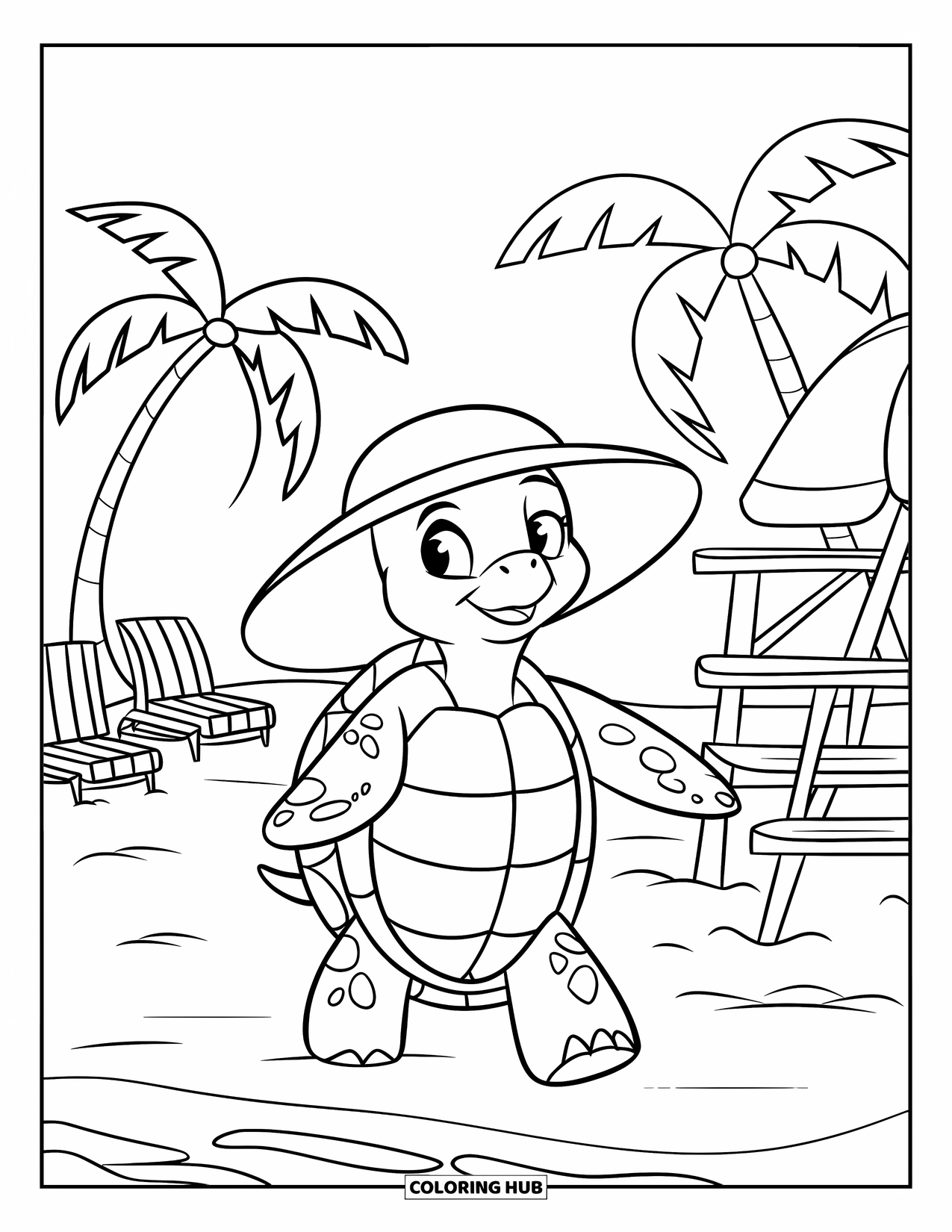 Spring Break Coloring Page for Kids: A turtle in a sun hat strolls along the sandy beach