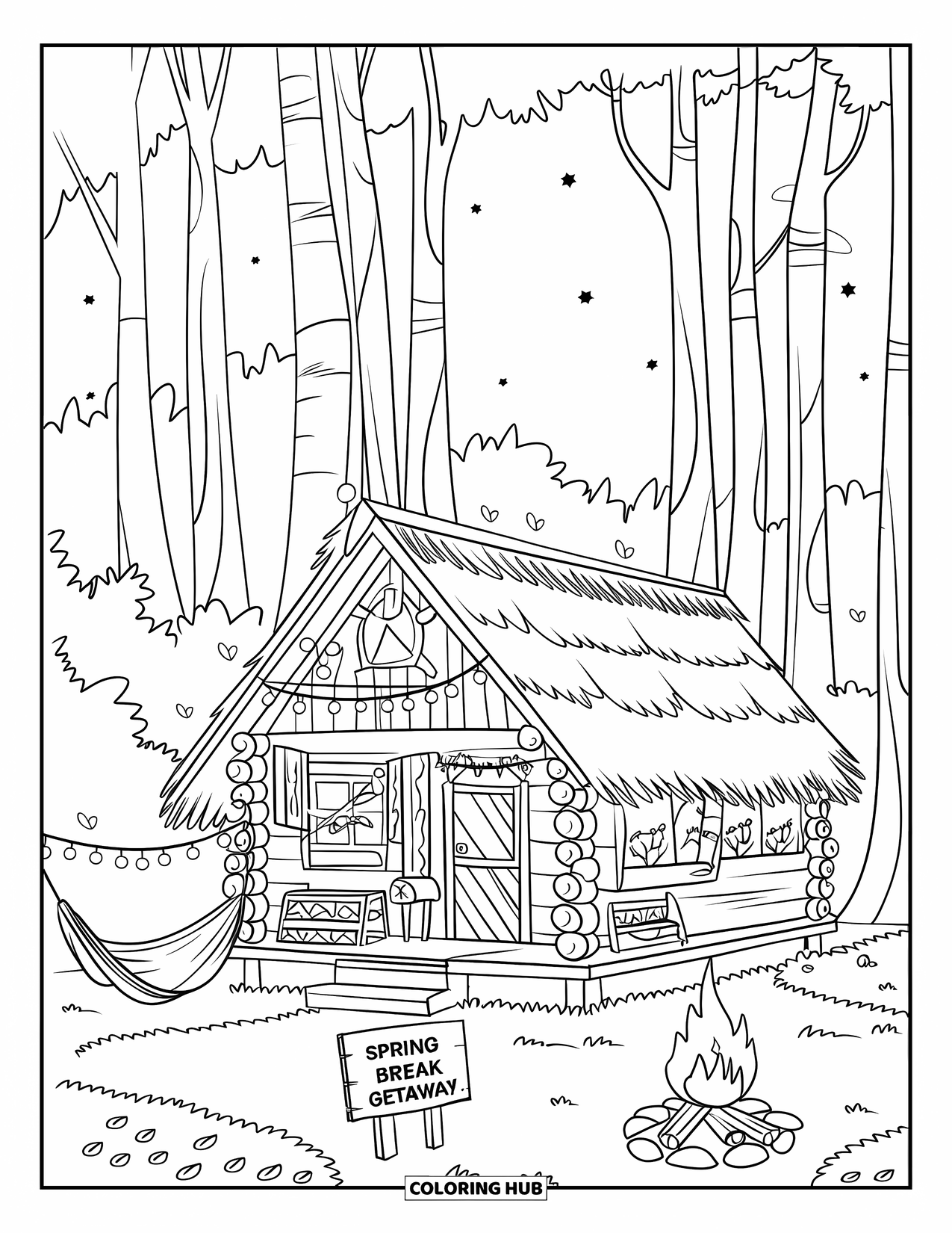 Spring Break Coloring Page for Kids: A warm cabin with lights and a campfire awaits a spring break retreat