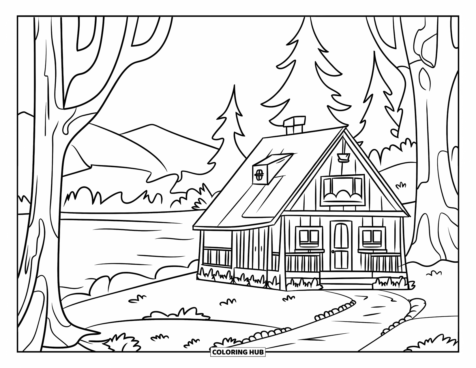 Spring Break Coloring Page for Kids: A wooden cabin sits beside a lake surrounded by tall trees