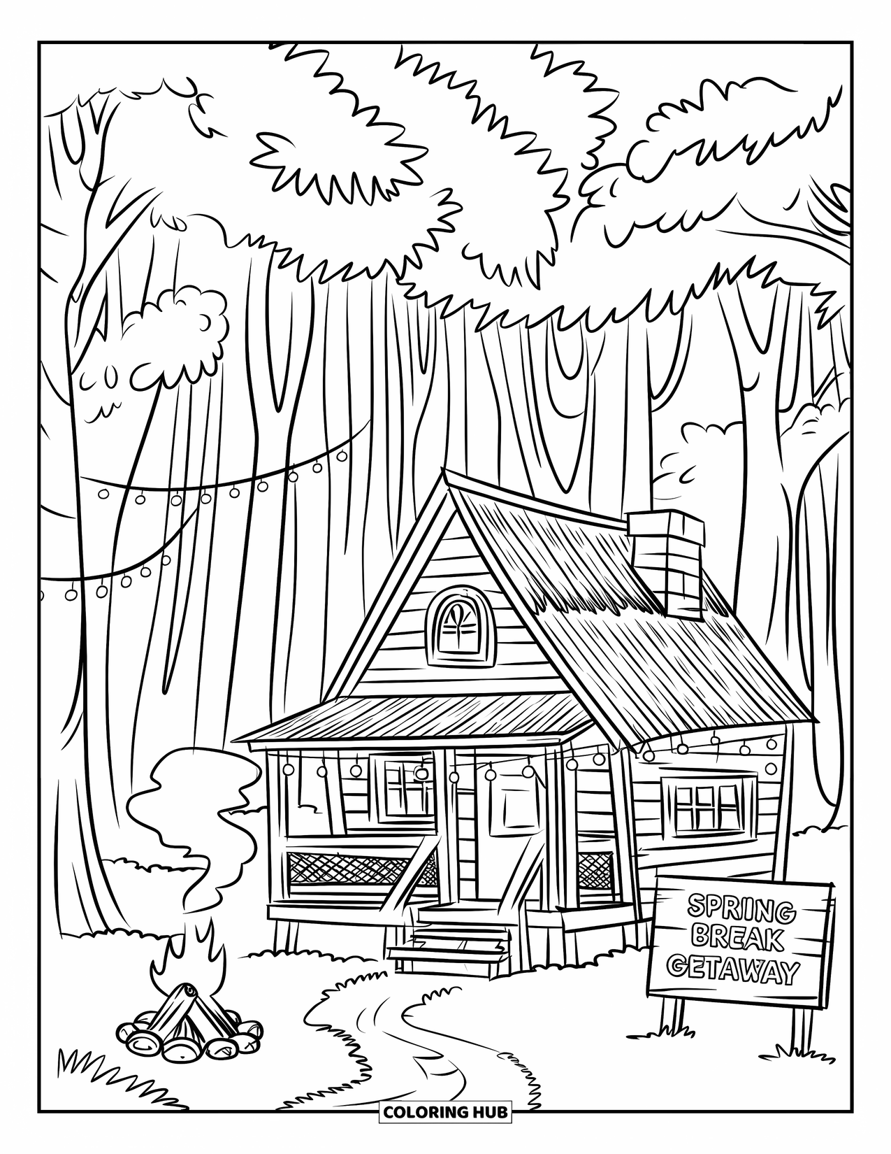 Spring Break Coloring Page for Kids: A woodland cabin with a sign reads "Spring Break Getaway"