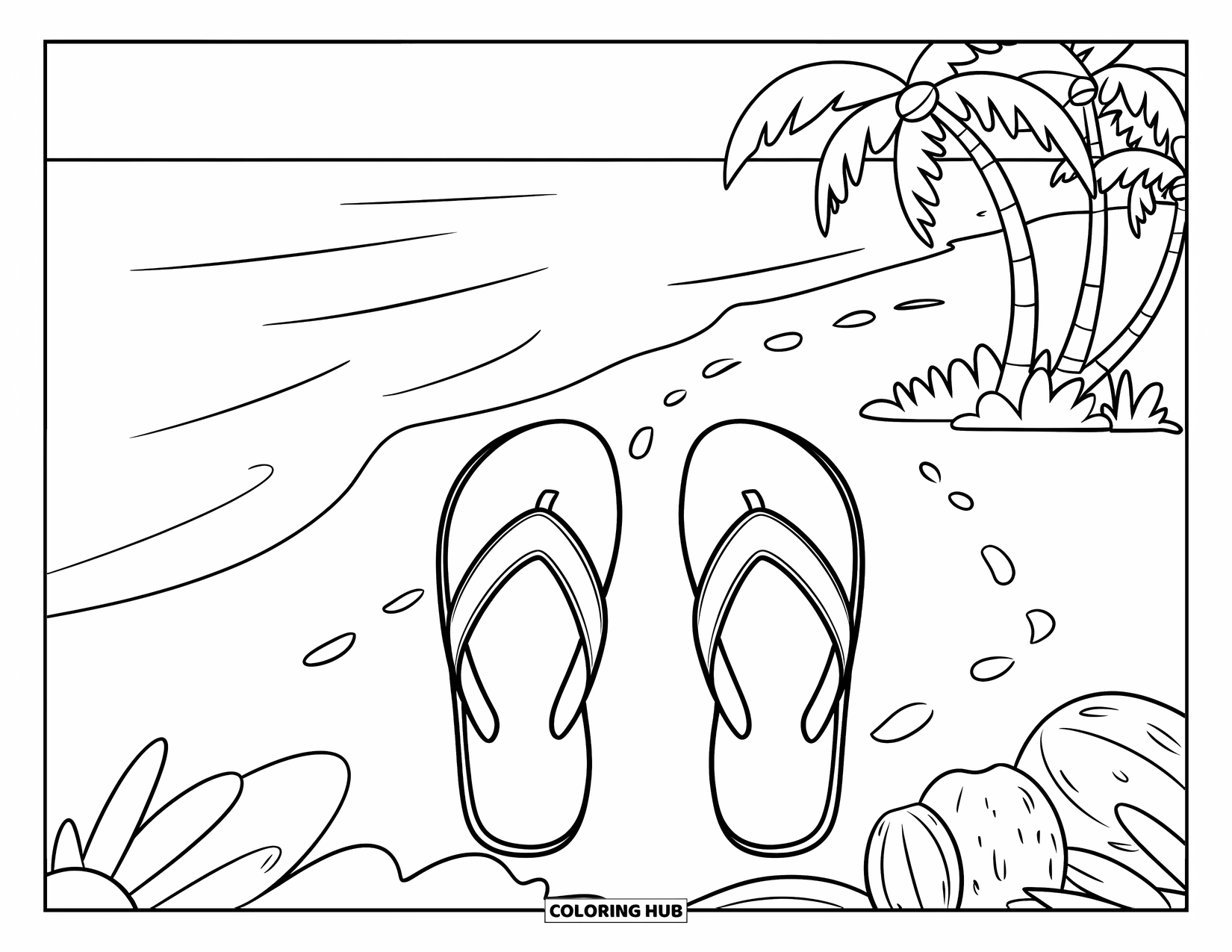 Spring Break Coloring Page for Kids: Flip-flops on the sand mark the start of a beach day