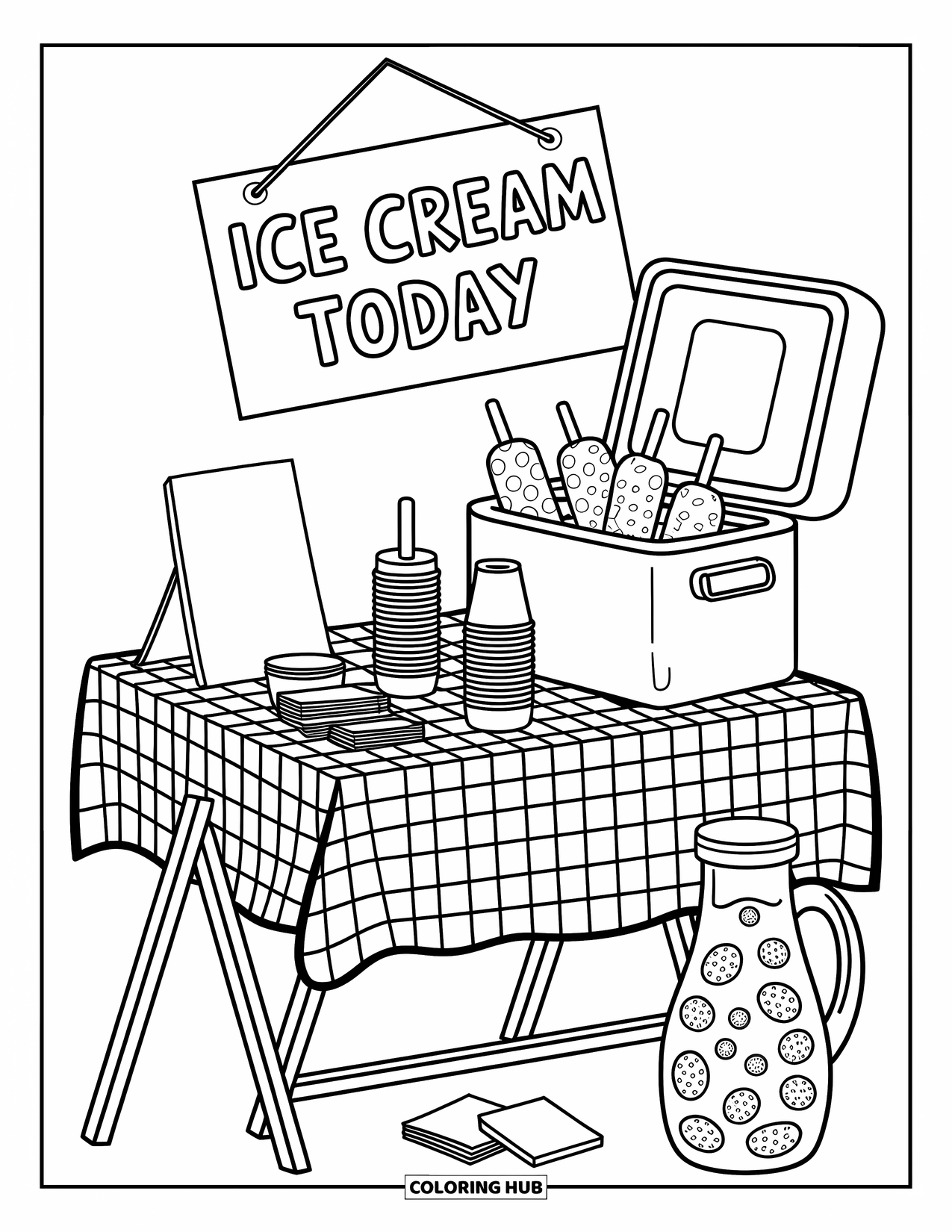 Summer Ice Cream Coloring Page for Adults: A backyard ice cream table with signs, popsicles, and fruit juice feels welcoming