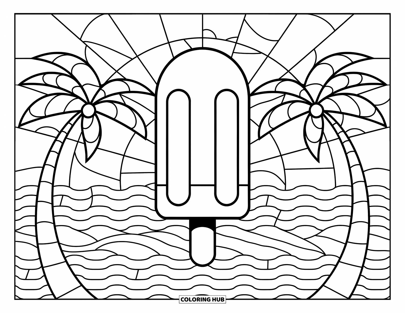 Summer Ice Cream Coloring Page for Adults: A bold popsicle design surrounded by radial palm trees and curved sea waves