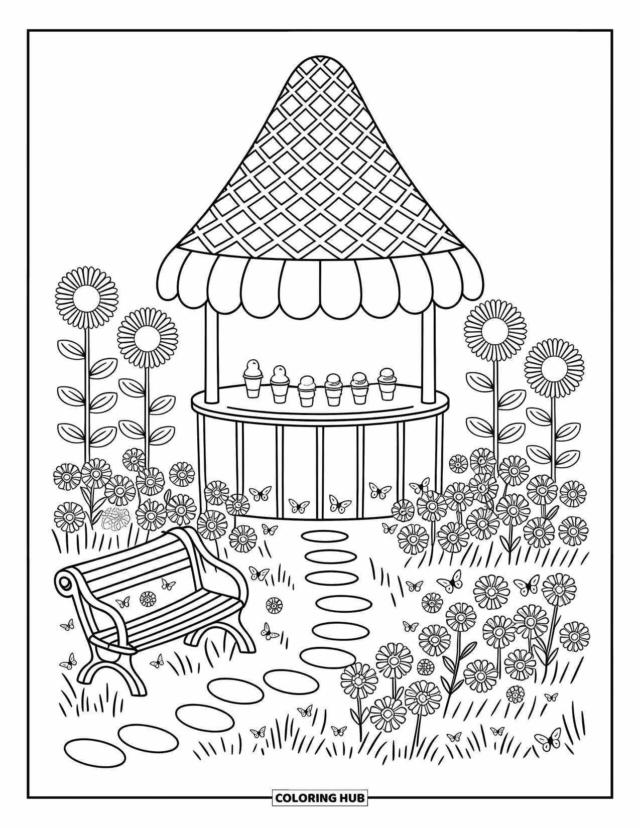 Summer Ice Cream Coloring Page for Adults: A charming garden ice cream stand shaped like a cone brightens the sunny day