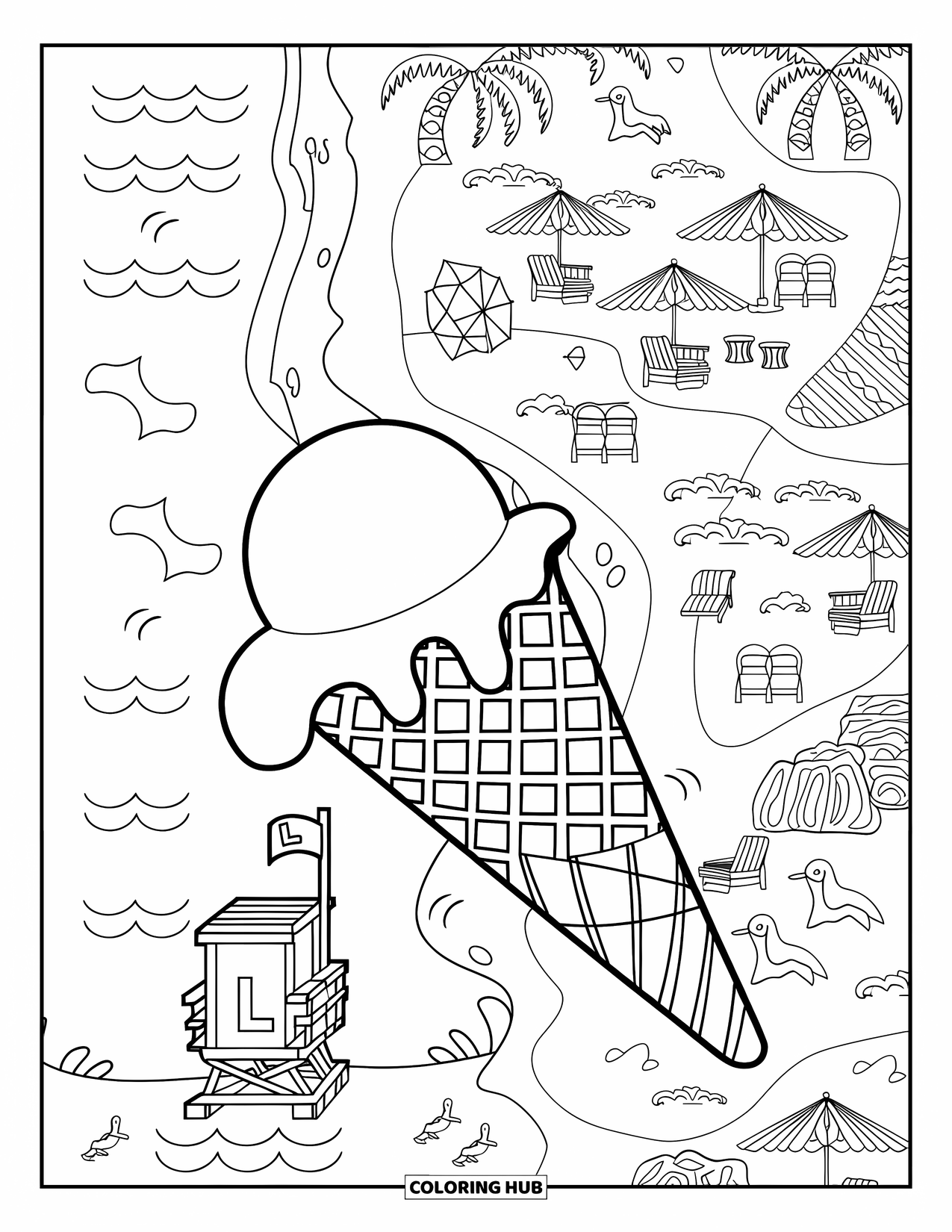 Summer Ice Cream Coloring Page for Adults: A dripping ice cream cone overlooks a patterned beach with umbrellas and waves