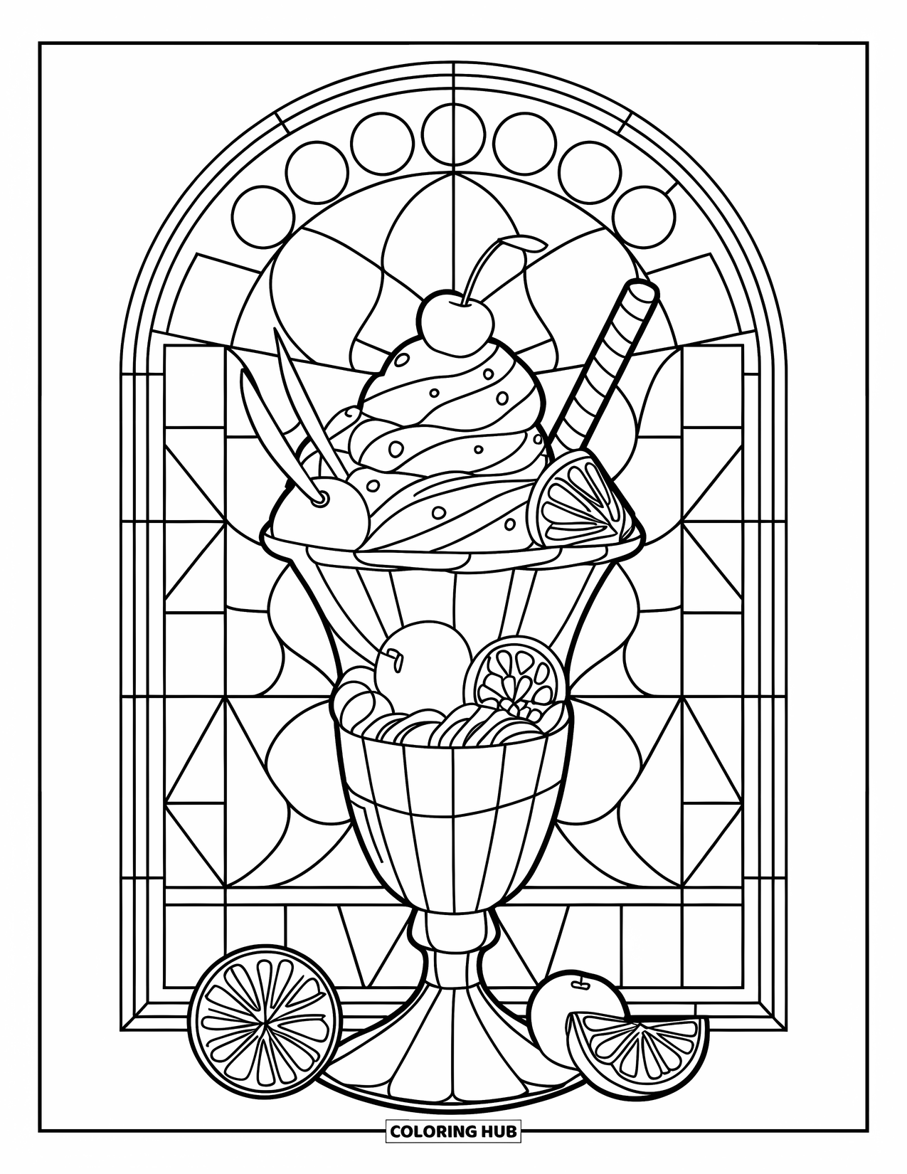 Summer Ice Cream Coloring Page for Adults: A layered sundae glass surrounded by circles and triangle stained glass shapes