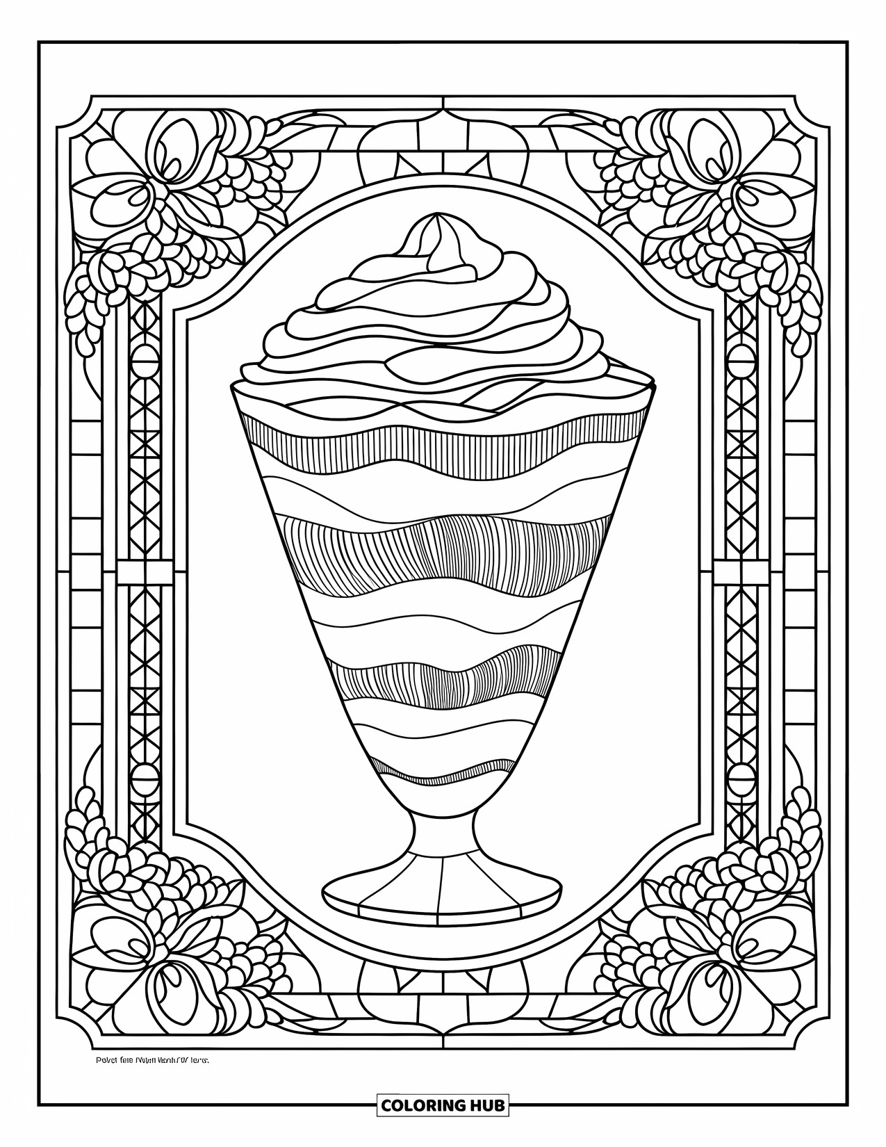 Summer Ice Cream Coloring Page for Adults: A parfait layered with toppings framed by stained glass floral designs