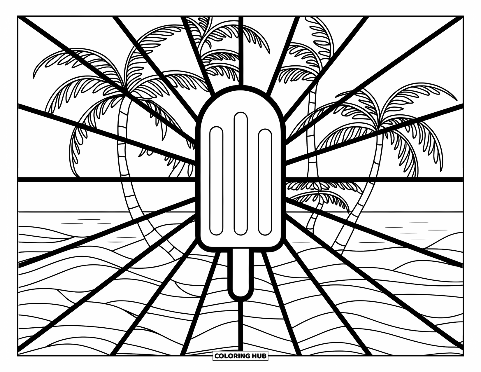 Summer Ice Cream Coloring Page for Adults: A popsicle framed by palm trees and ocean waves glows within stained glass shapes