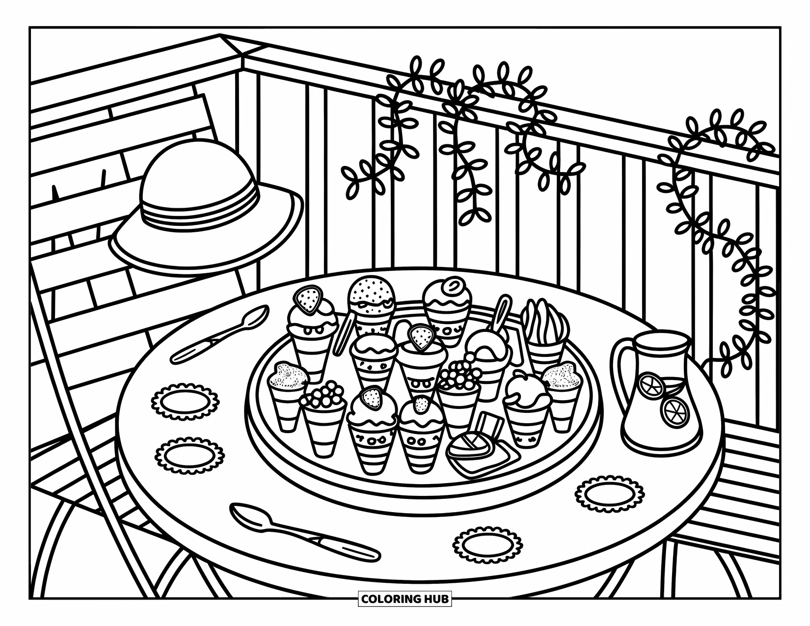Summer Ice Cream Coloring Page for Adults: A round patio table offers mini ice cream treats with berries, wafers, and warm sunlight