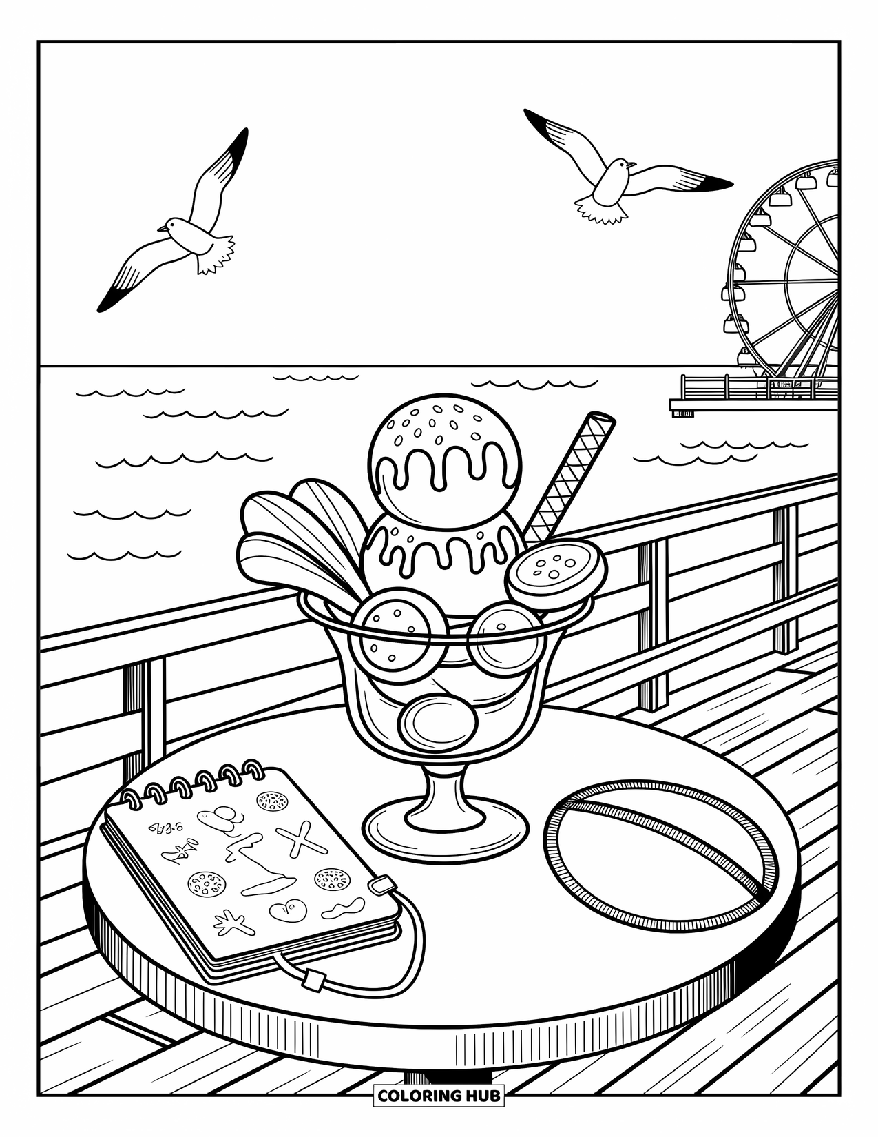 Summer Ice Cream Coloring Page for Adults: A seaside table with ice cream, doodles, and a ferris wheel in the distance