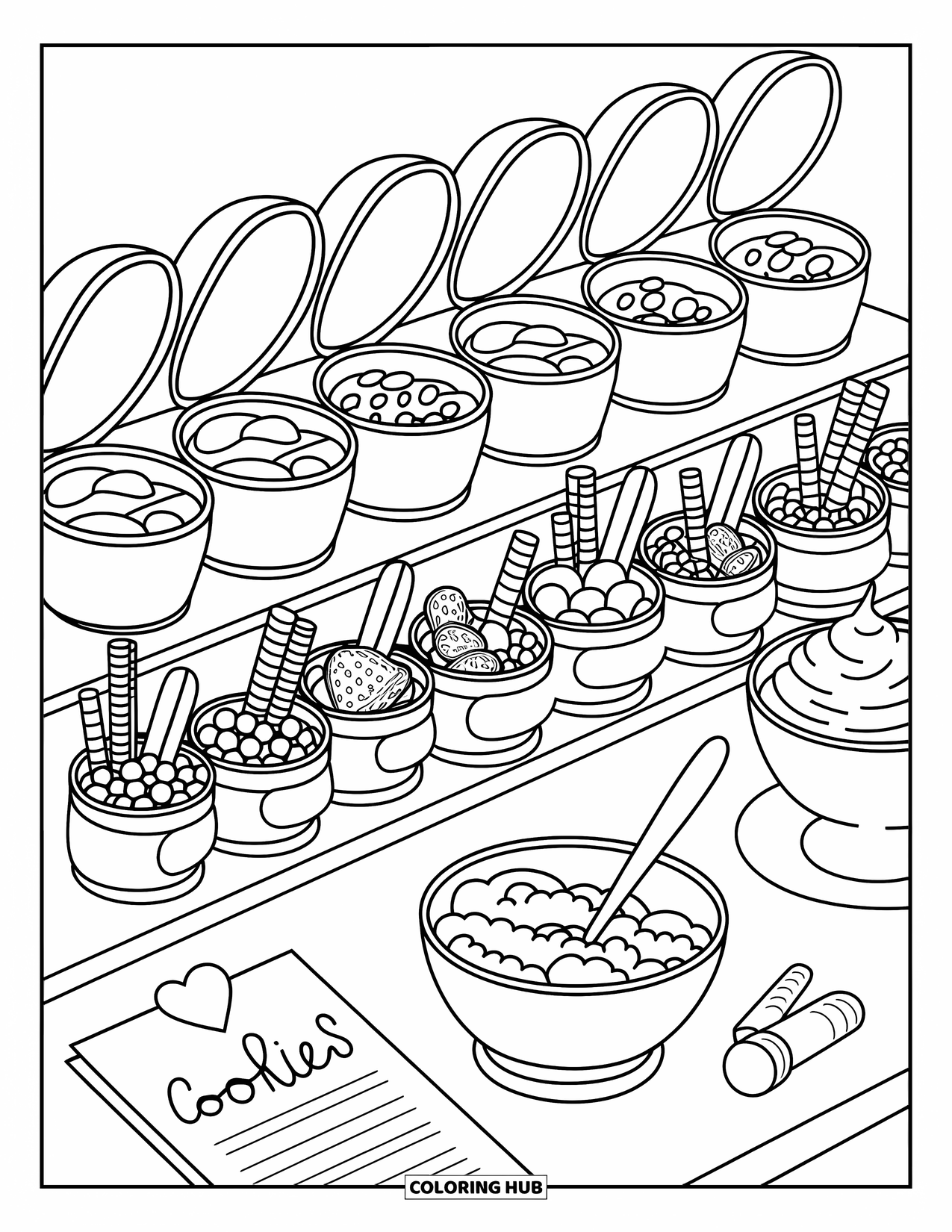 Summer Ice Cream Coloring Page for Adults: A sundae station lined with cups, toppings, and whipped cream feels inviting