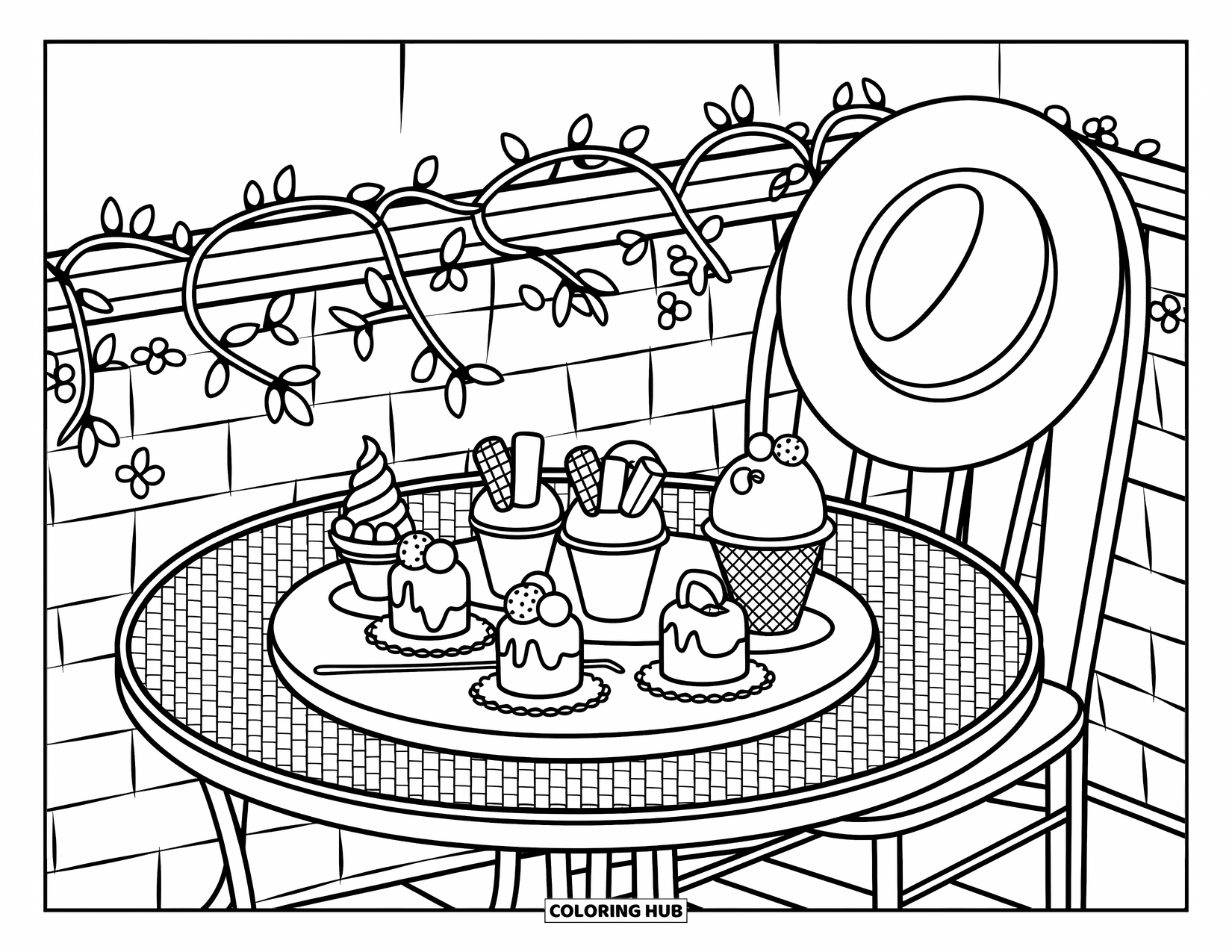 Summer Ice Cream Coloring Page for Adults: A sunlit patio table displays tiny ice cream cups and cones among vines and soft decor