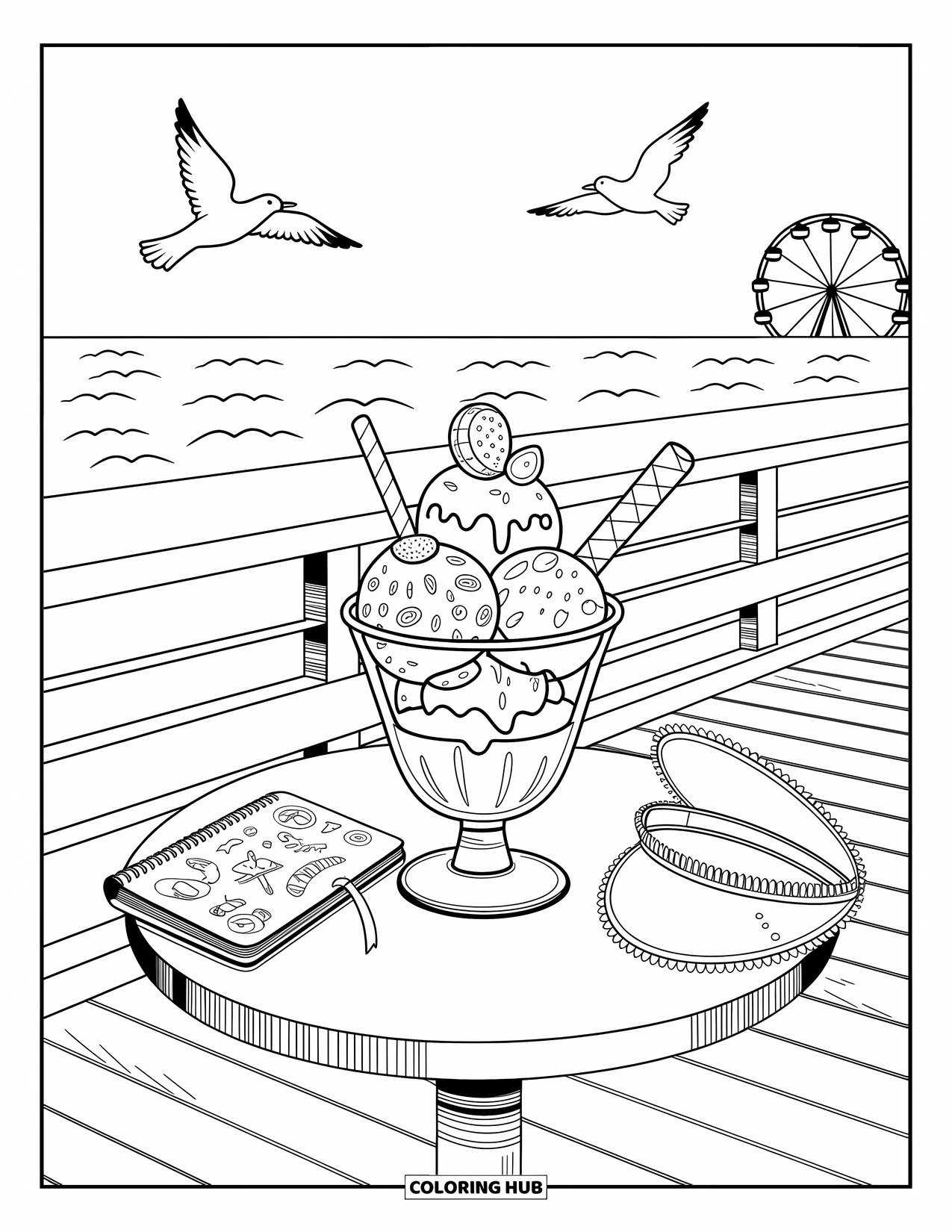 Summer Ice Cream Coloring Page for Adults: A sunny boardwalk table holds an ice cream sundae and beach sketches
