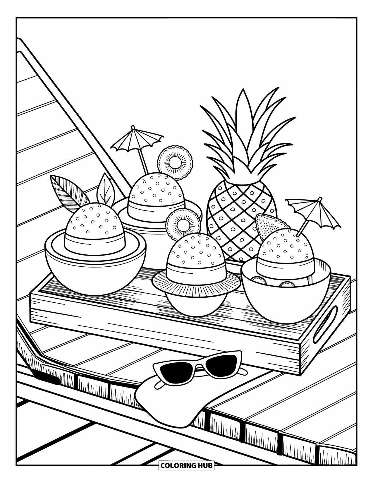 Summer Ice Cream Coloring Page for Adults: A sunny poolside tray offers ice cream in fruit shells beside sunglasses