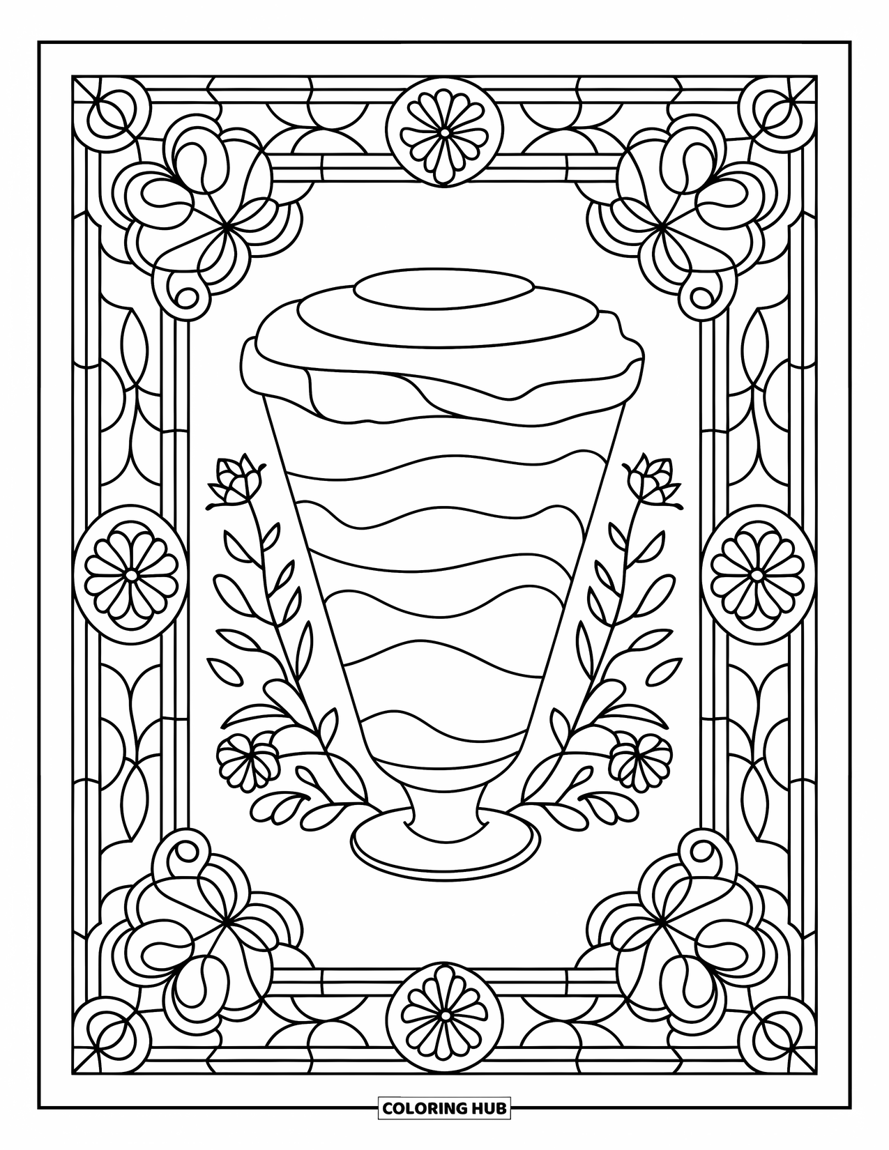 Summer Ice Cream Coloring Page for Adults: A tall parfait framed by elegant floral stained glass details