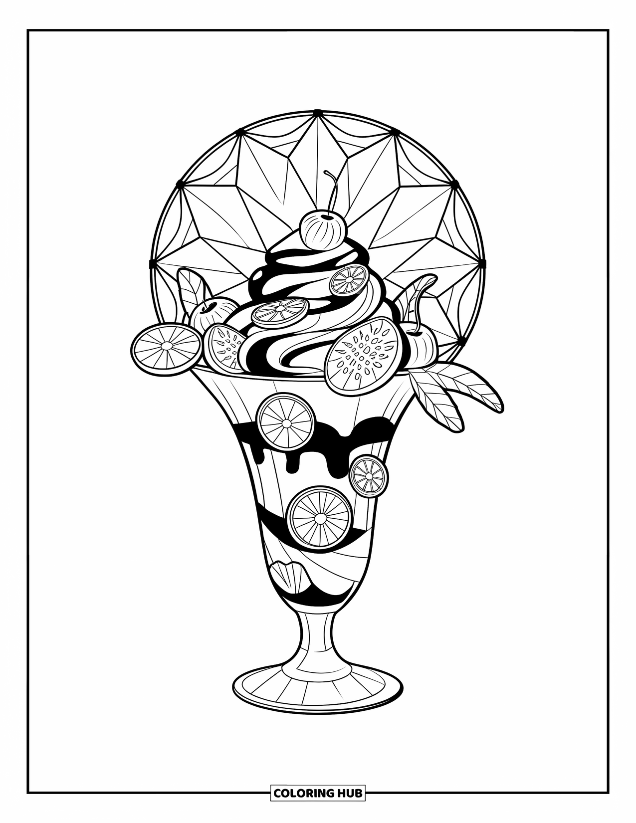 Summer Ice Cream Coloring Page for Adults: A tall sundae glass framed by geometric stained glass patterns and fruits